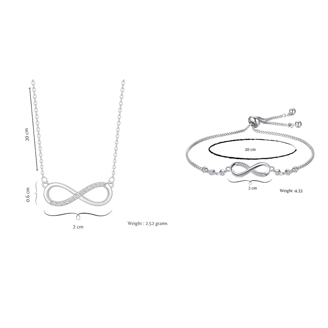 Nilu's Collection Silver Plated Infinity Pendant Necklace & Adjustable Bracelet Set with American Diamond for Women & Girls |Anti - Allergy | Anti -Tarnish | Office Wea