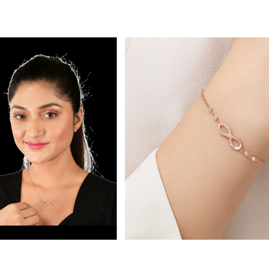 Nilu's Collection Rose Gold Plated Infinity Pendant & Adjustable Bracelet with American Diamond for Women & Girls | Anti-Tarnish | Anti-Allergy | Office Wear