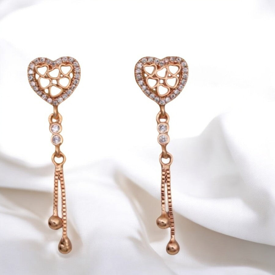 Rose Gold Plated Heart Design Dangling Earrings with American Diamond Stones For Women And Girls