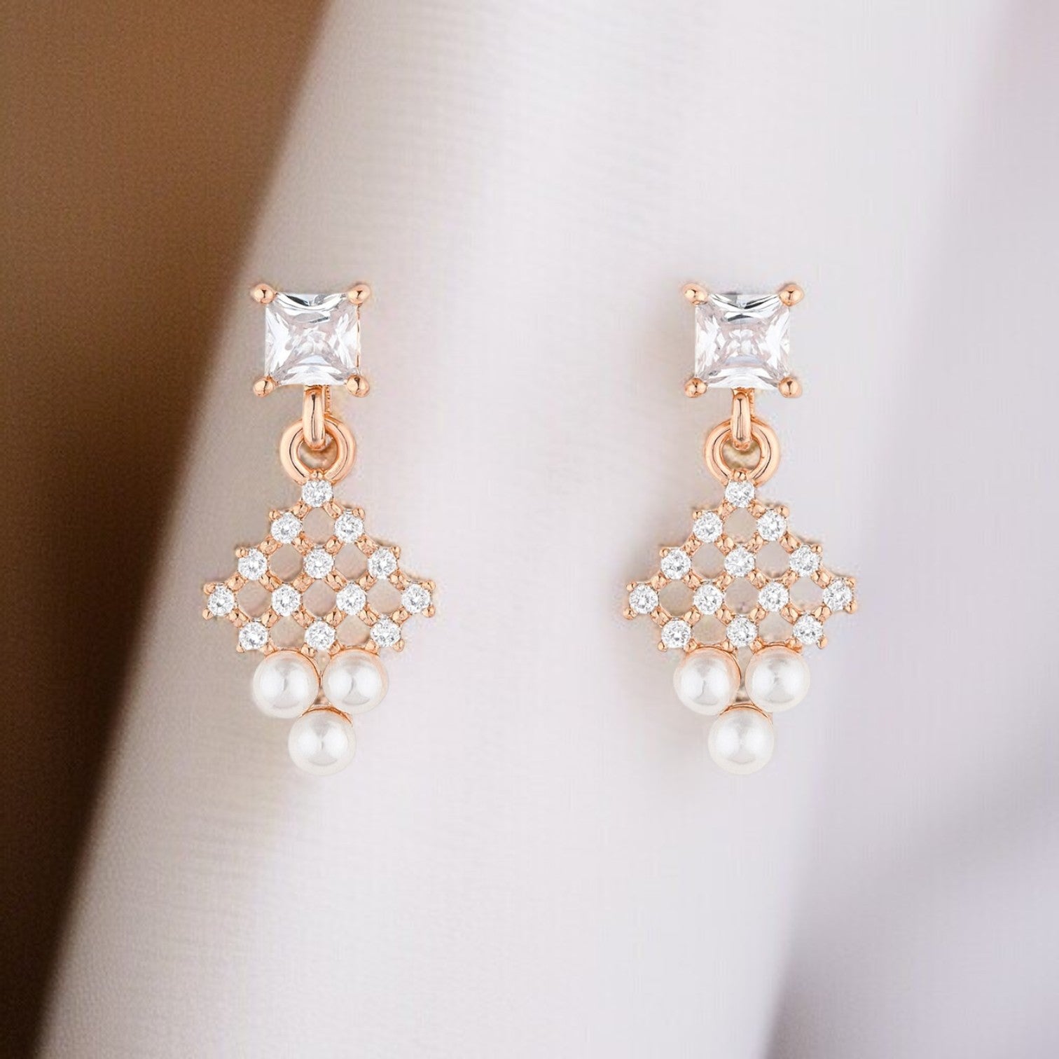 Nilu's Collection Rose Gold Plated Pearl Drop Earrings with AD Stones Dangler Earrings for Women & Girls | lightweighted | Anti-Tranish | Anti-Allergy