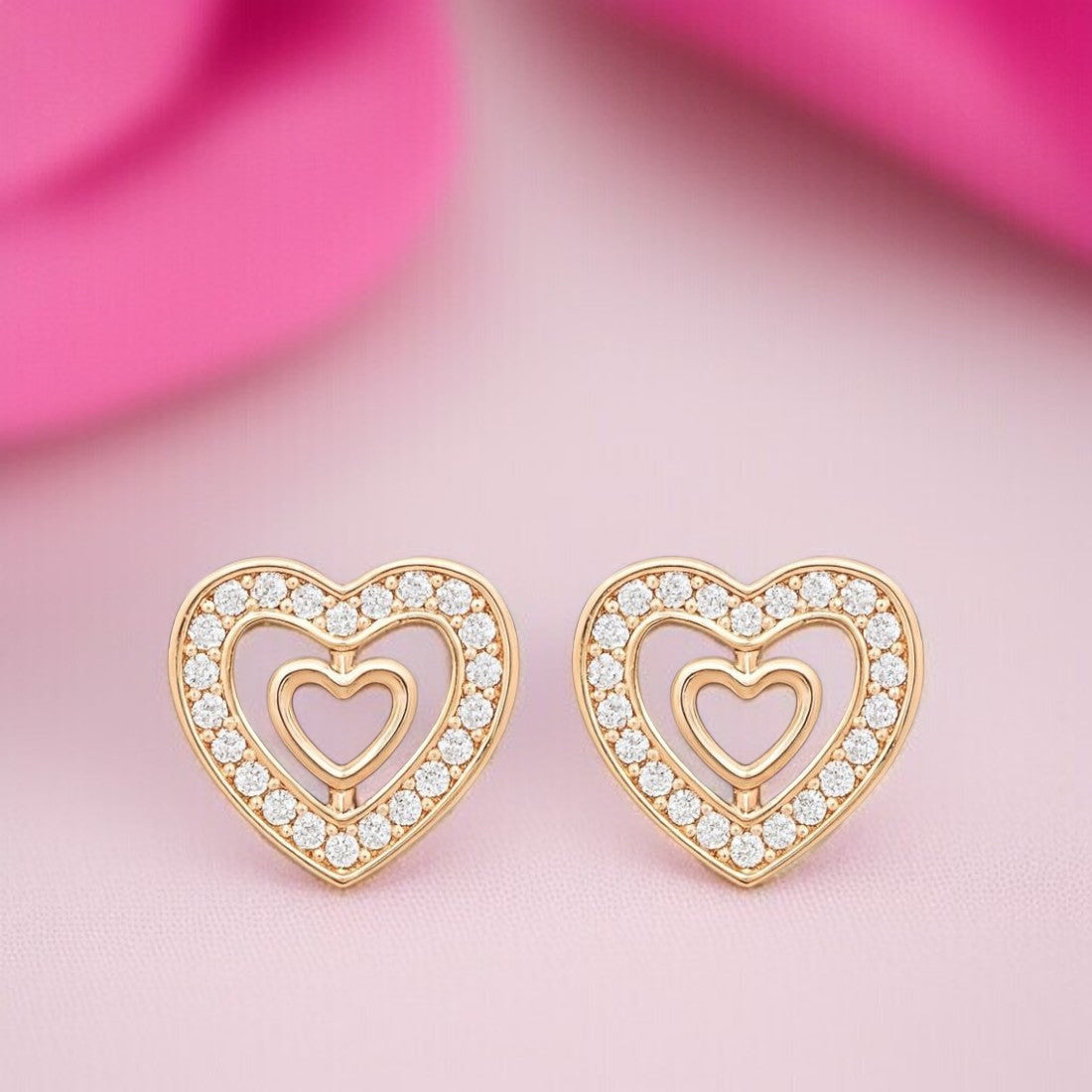 Nilu's Collection Rose Gold Plated Double Heart Stud Earrings with American Diamond For Women And Girls | Anti-Tranish | Anti-Allergy | Office Wear