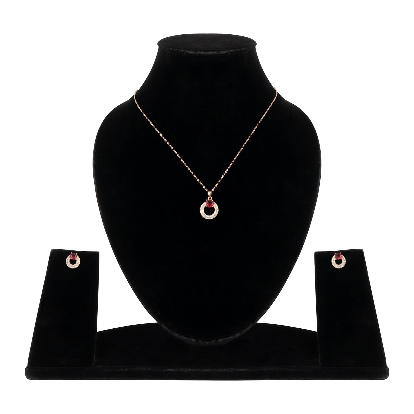 Rose Gold Plated Red Ruby Stone Pendant Necklace and Earring Set for Women and Girls