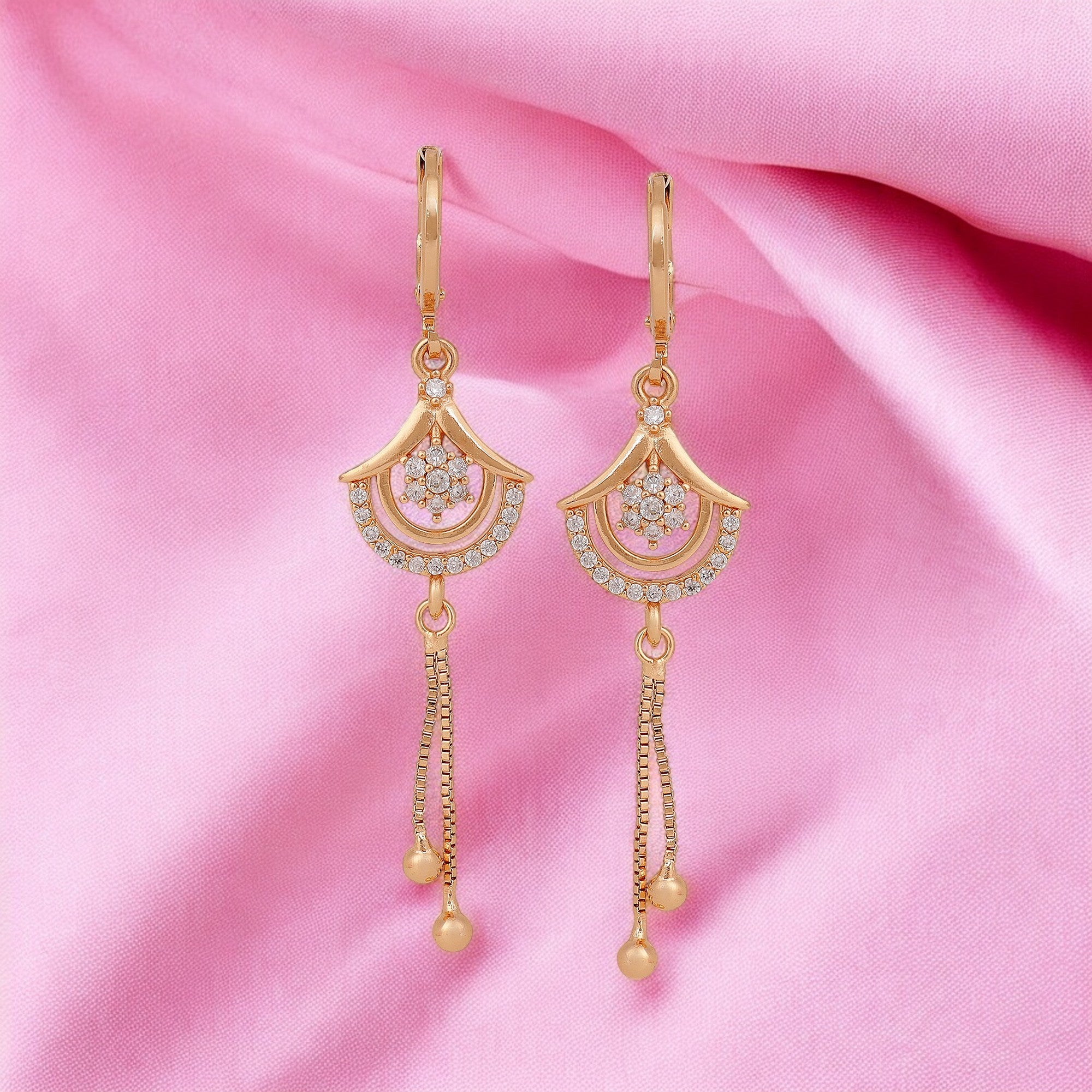 Rose Gold Long Earrings, American Diamond Studded Lightweight Drop Earrings for Women and Girls (rose)