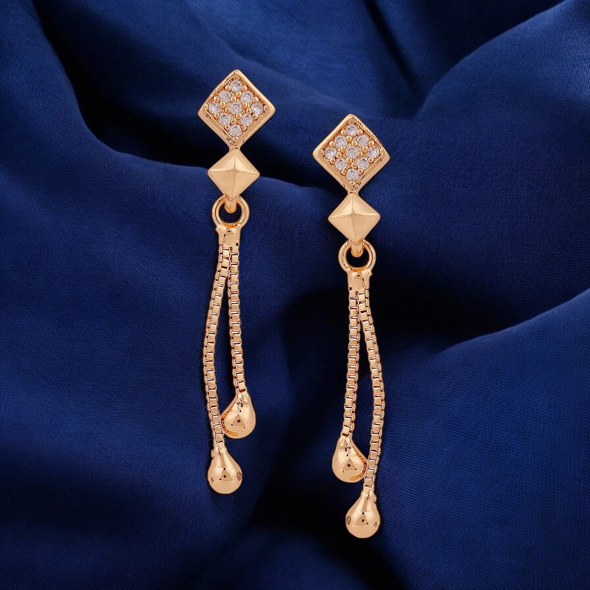 Rose Gold Long Earrings, American Diamond Studded Lightweight Drop Earrings for Women and Girls (Diamond Shape)