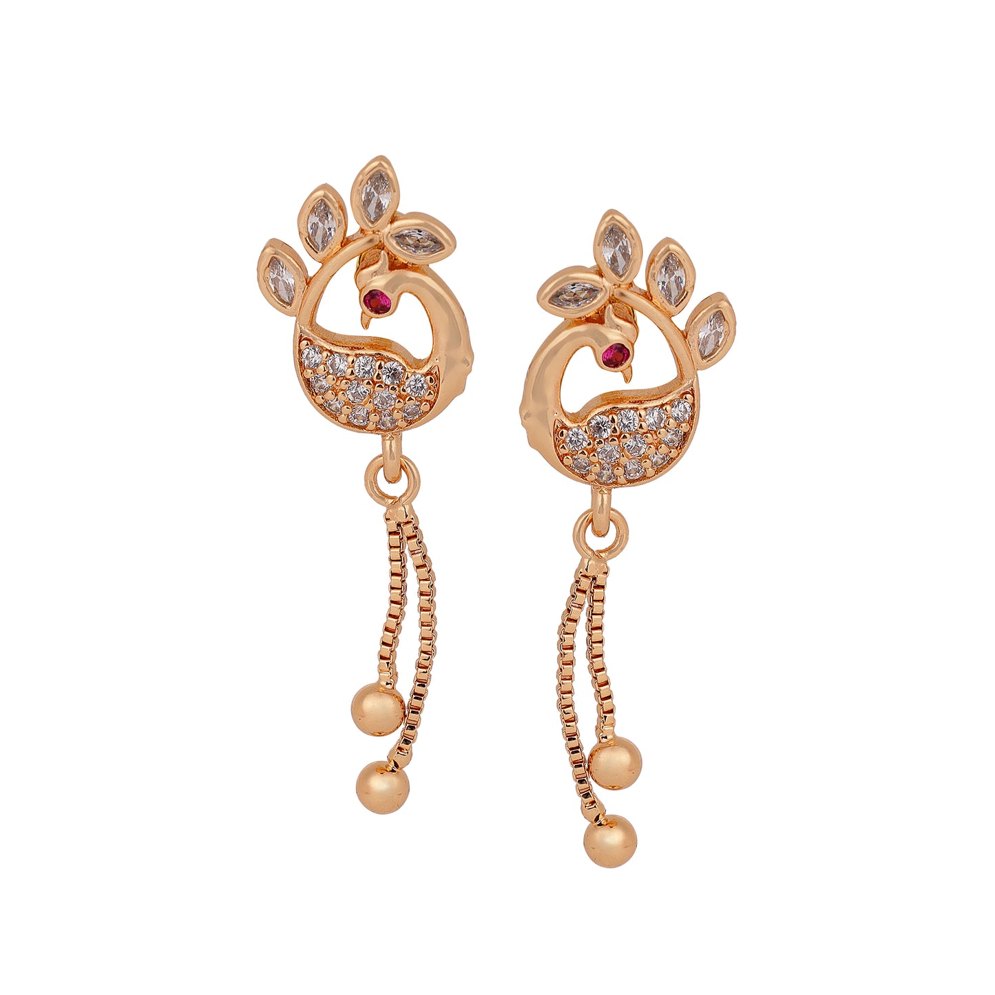 Rose Gold Plated Long Earrings, American Diamond Studded Lightweight Danglers Drop Earrings for Women and Girls (peacock)