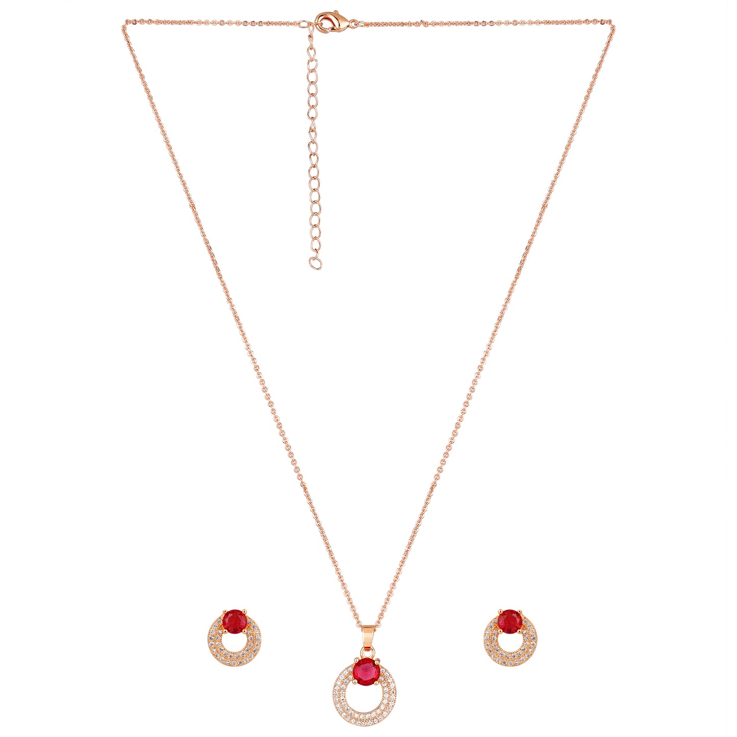 Rose Gold Plated Red Ruby Stone Pendant Necklace and Earring Set for Women and Girls