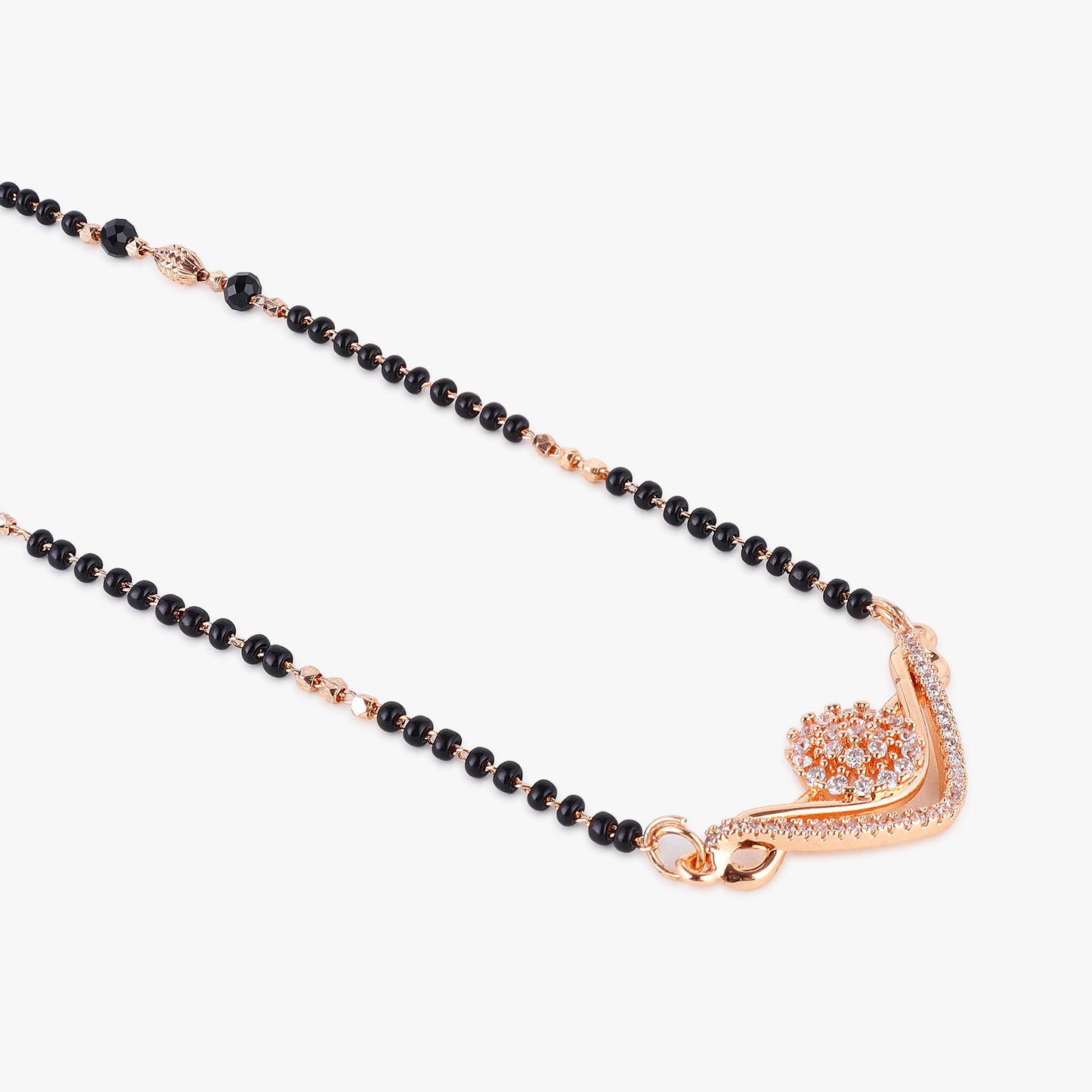 Nilu's Collection Rose Gold Plated CZ Stones Floral Mangalsutra With Black Beads For Women