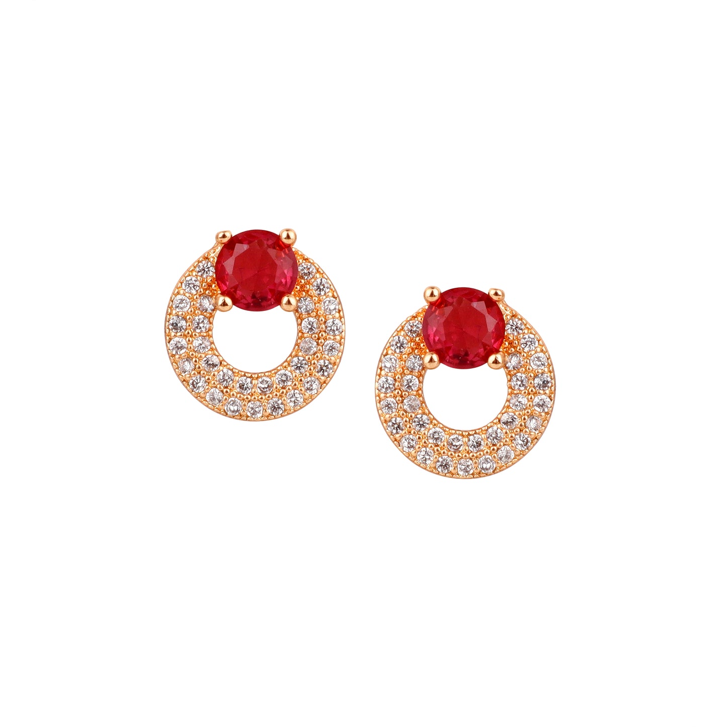 Rose Gold Plated Red Ruby Stone Pendant Necklace and Earring Set for Women and Girls