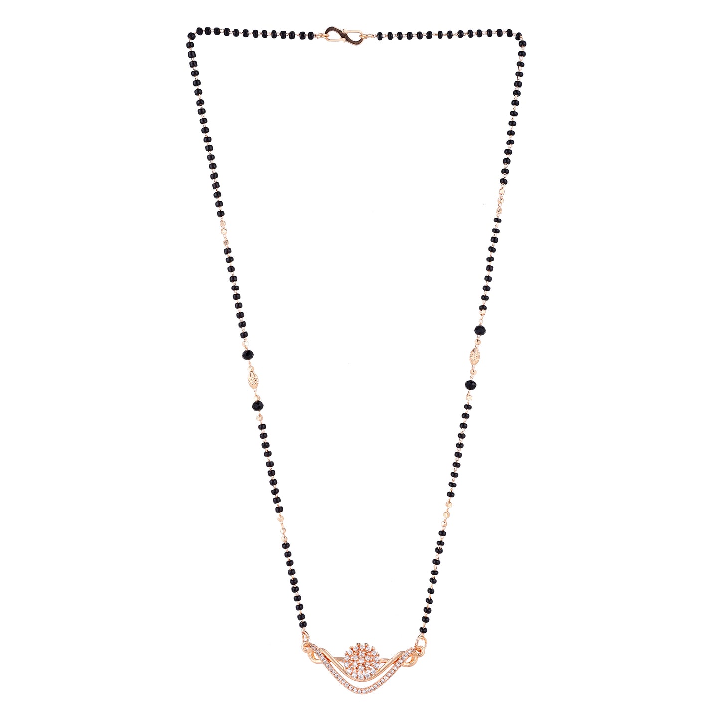 Nilu's Collection Rose Gold Plated CZ Stones Floral Mangalsutra With Black Beads For Women