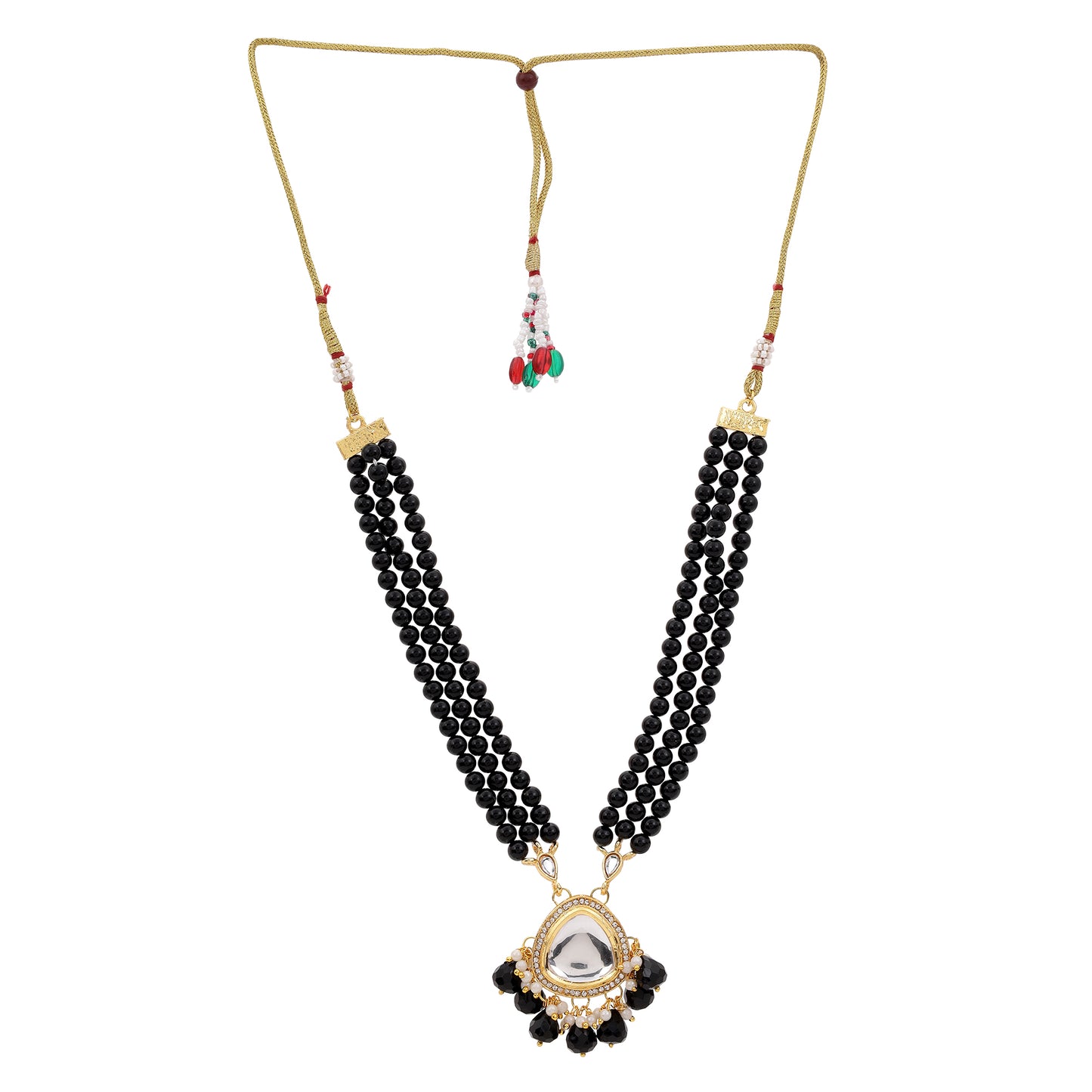 Nilu's Collection Elegant Triple-Layer Black Moti Necklace with Pearl Drop Earrings for womens and girls