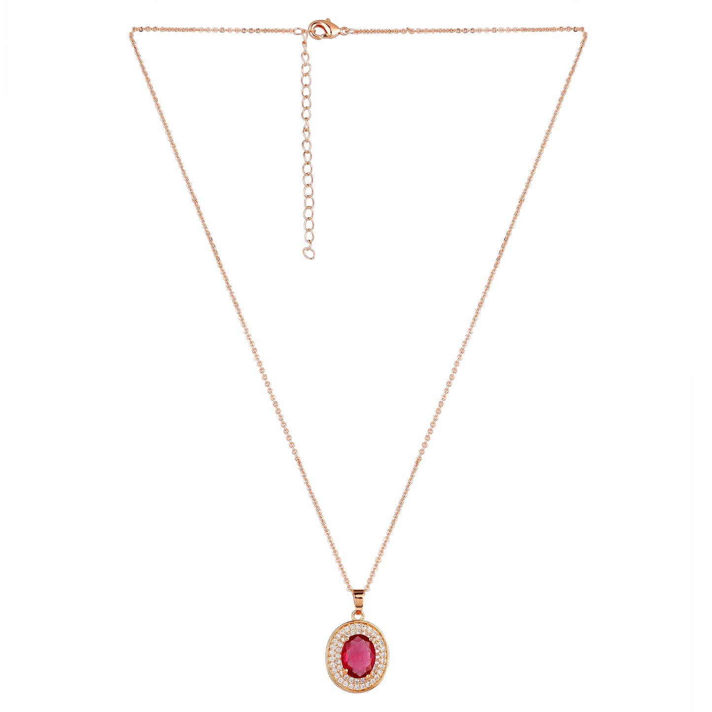 Rose Gold Plated Ruby Red Oval Pendant Necklace and Earring Set for Women and Girls