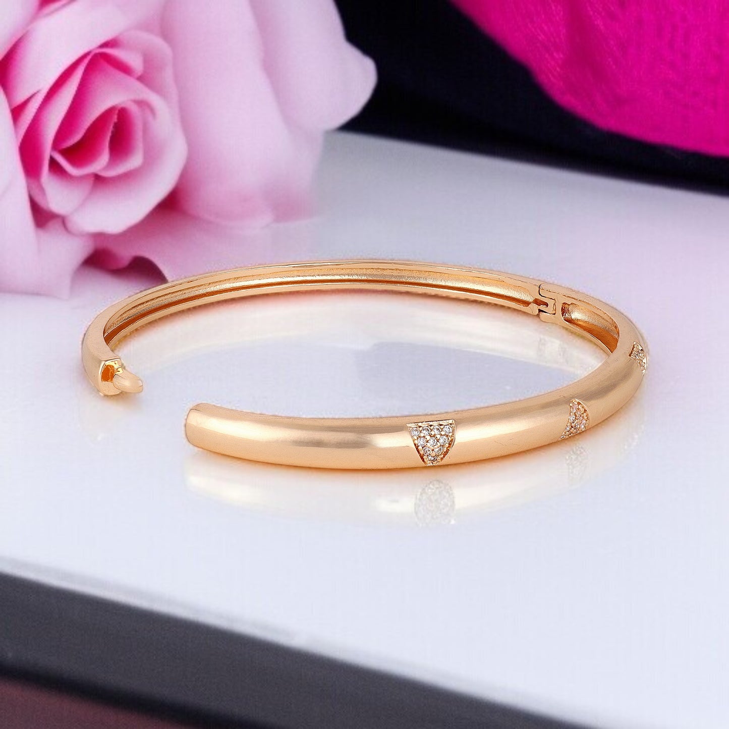 Elegant Rose Gold-Plated American Diamond Contemporary Brass Kada Bracelets For Women & girls | Sleek Finish |Office Wear |Minimalist Appeal