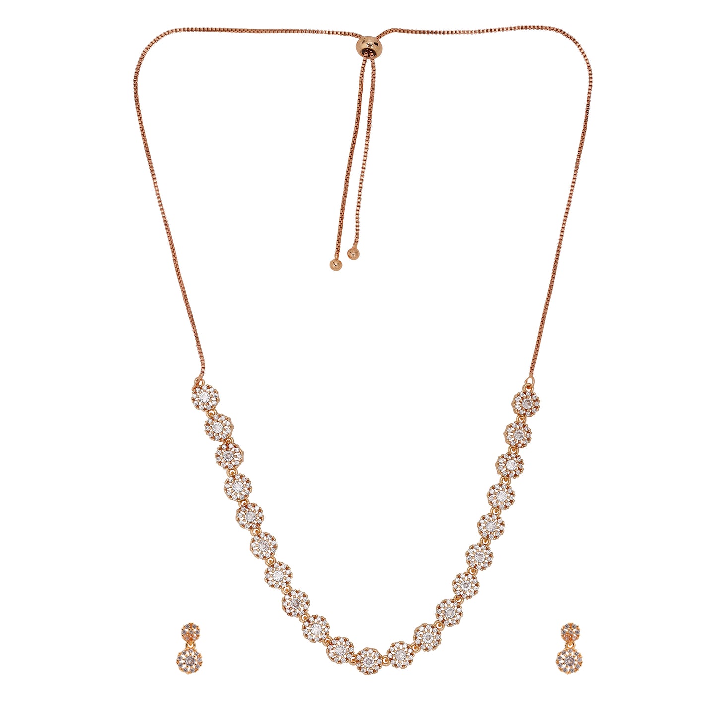 Rose Gold Plated American Diamond Necklace And Pair Of Earrings Jewellery Set for Women | Special Ocassion, Wedding, Engagement, Dating | Anti Tarnish | Anti Allergy | Necklace and Earring Set | Gift for Her