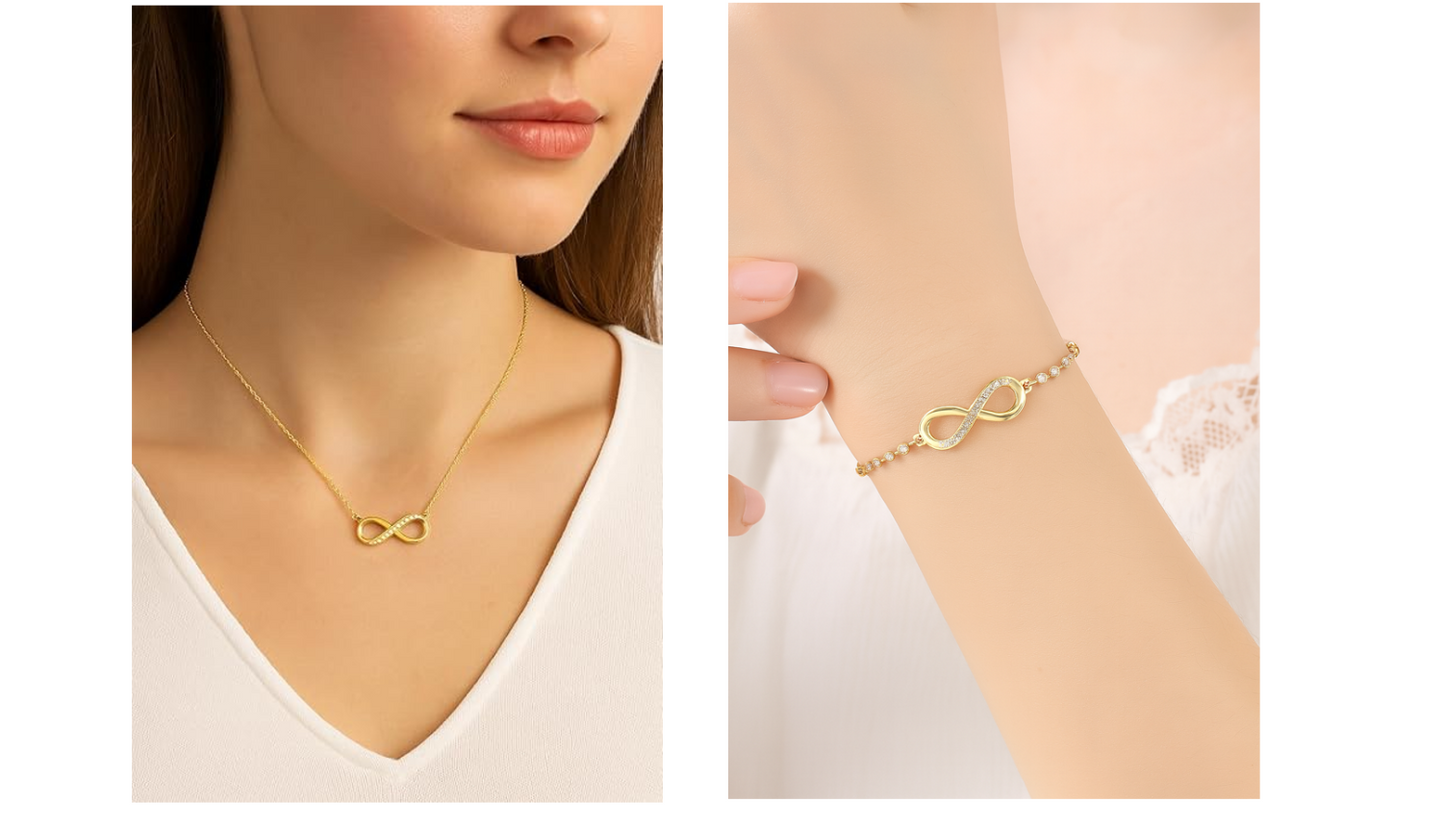 Nilu's Collection Gold Plated Infinity Pendant Necklace & Adjustable Bracelet Set with American Diamond for Women & Girls | Anti-Allergy | Anti- Tarnish | Office Wear