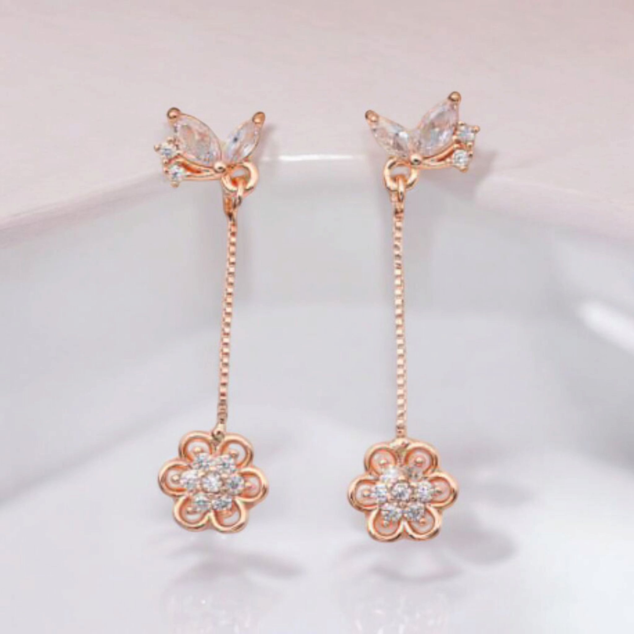 Elegant Rose Gold Floral Drop With American Diamond Earrings with Butterfly Studs For Girls And Women |Gifts For Girls | Marriage Gifts |