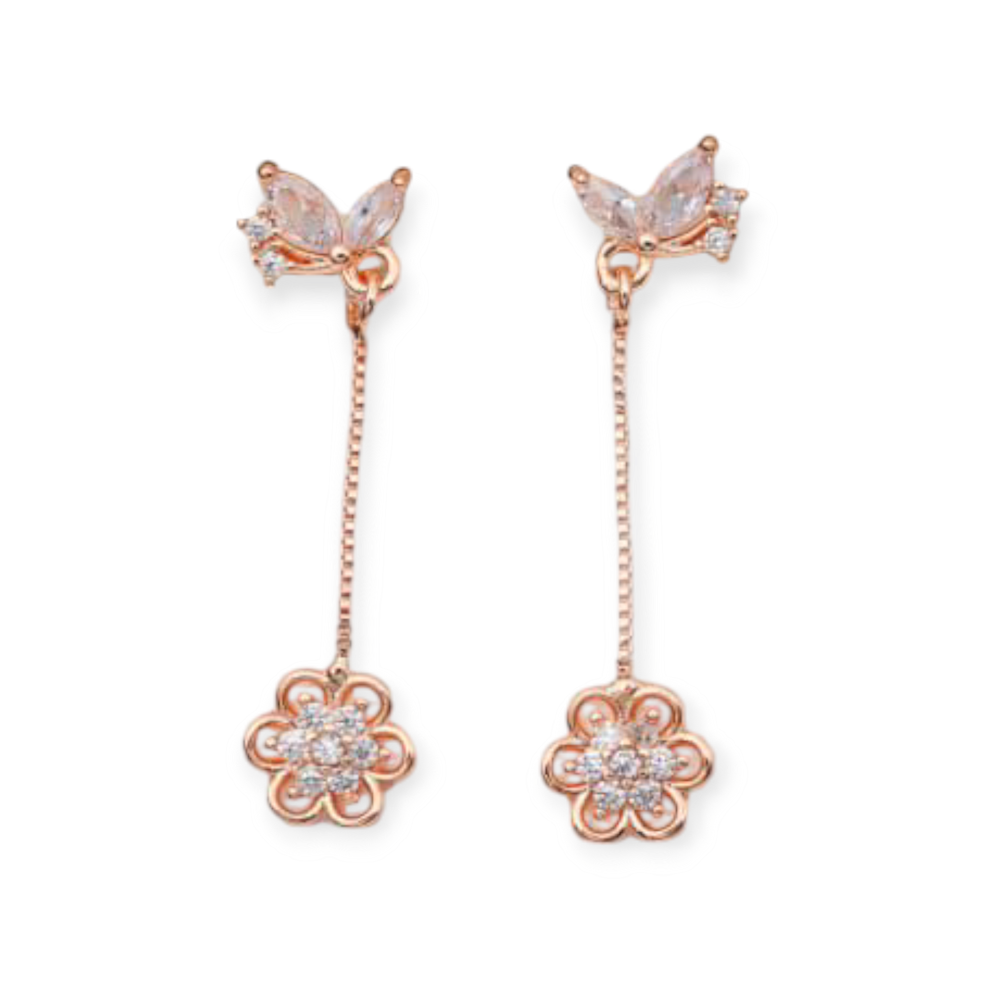 Elegant Rose Gold Floral Drop With American Diamond Earrings with Butterfly Studs For Girls And Women |Gifts For Girls | Marriage Gifts |
