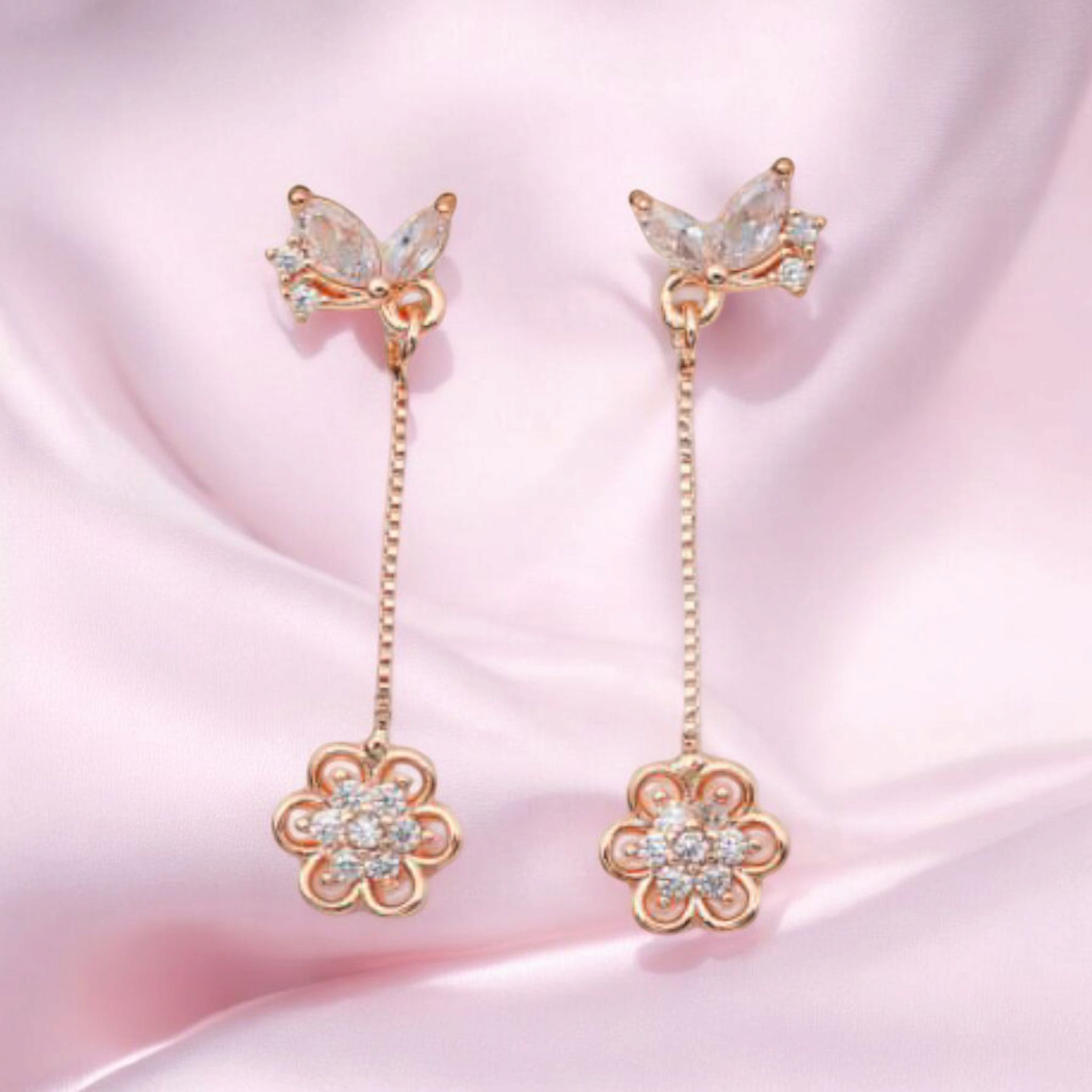 Elegant Rose Gold Floral Drop With American Diamond Earrings with Butterfly Studs For Girls And Women |Gifts For Girls | Marriage Gifts |