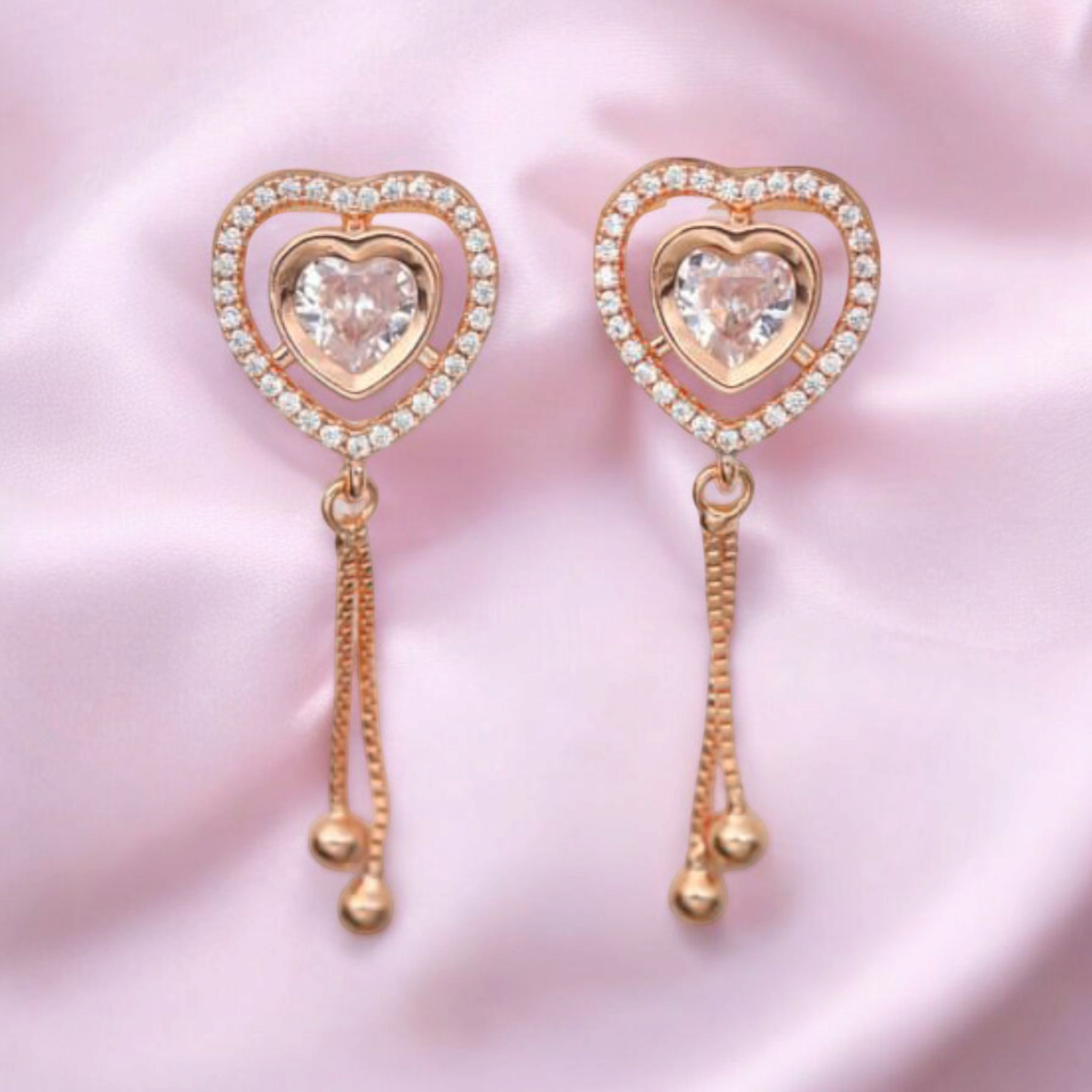Rose Gold Plated Heart Drops Capture with American Diamond Earrings For Girls and Women | Gift For Girls |