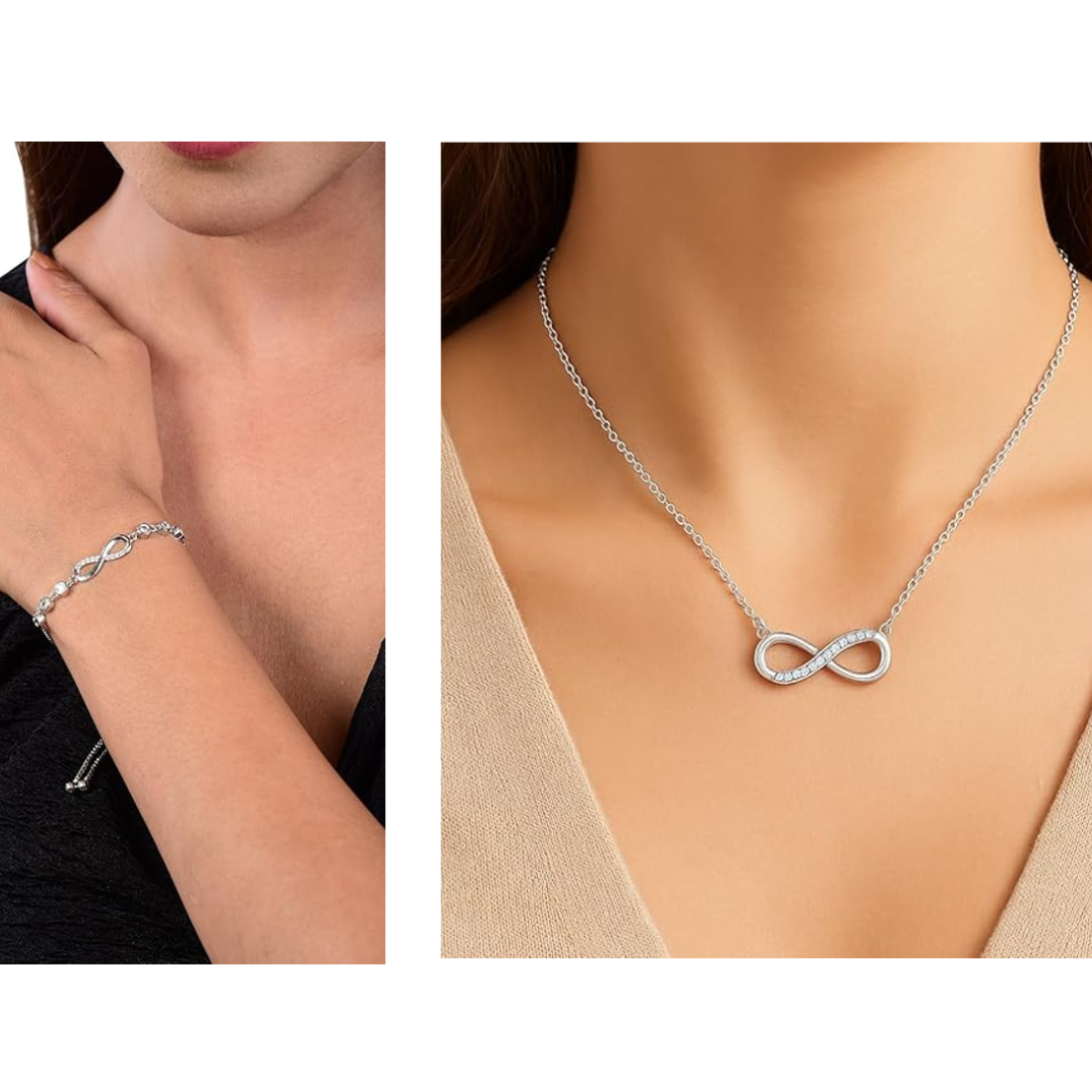 Nilu's Collection Silver Plated Infinity Pendant Necklace & Adjustable Bracelet Set with American Diamond for Women & Girls |Anti - Allergy | Anti -Tarnish | Office Wea