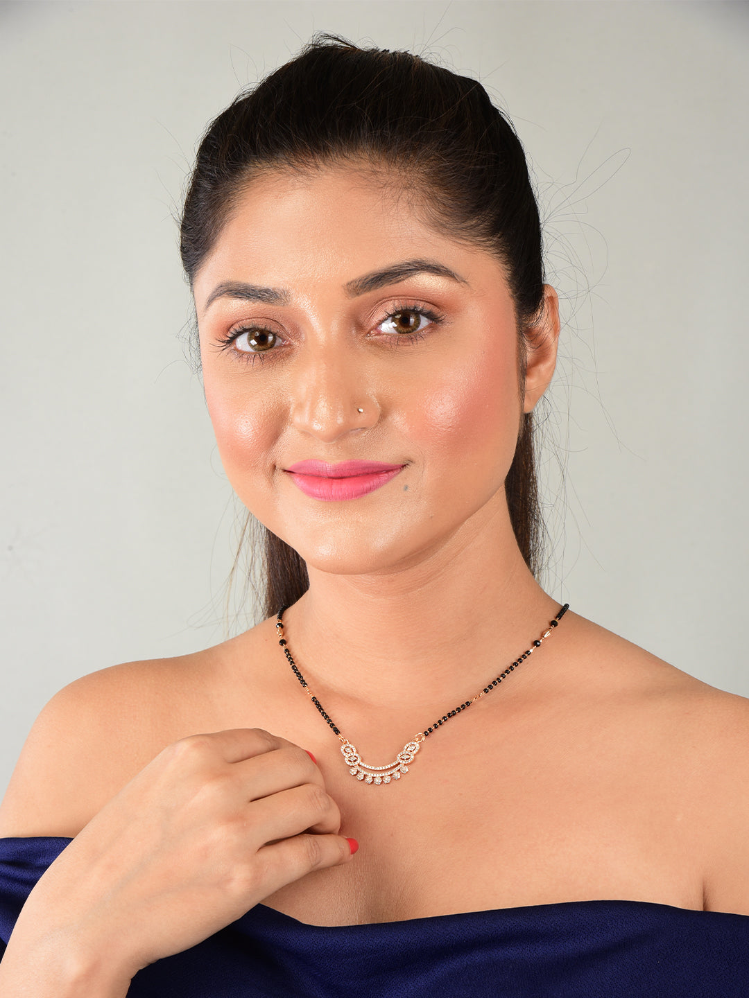 Nilu's Collection Rose Gold Plated CZ Stones Mangalsutra with Black Beads for Women