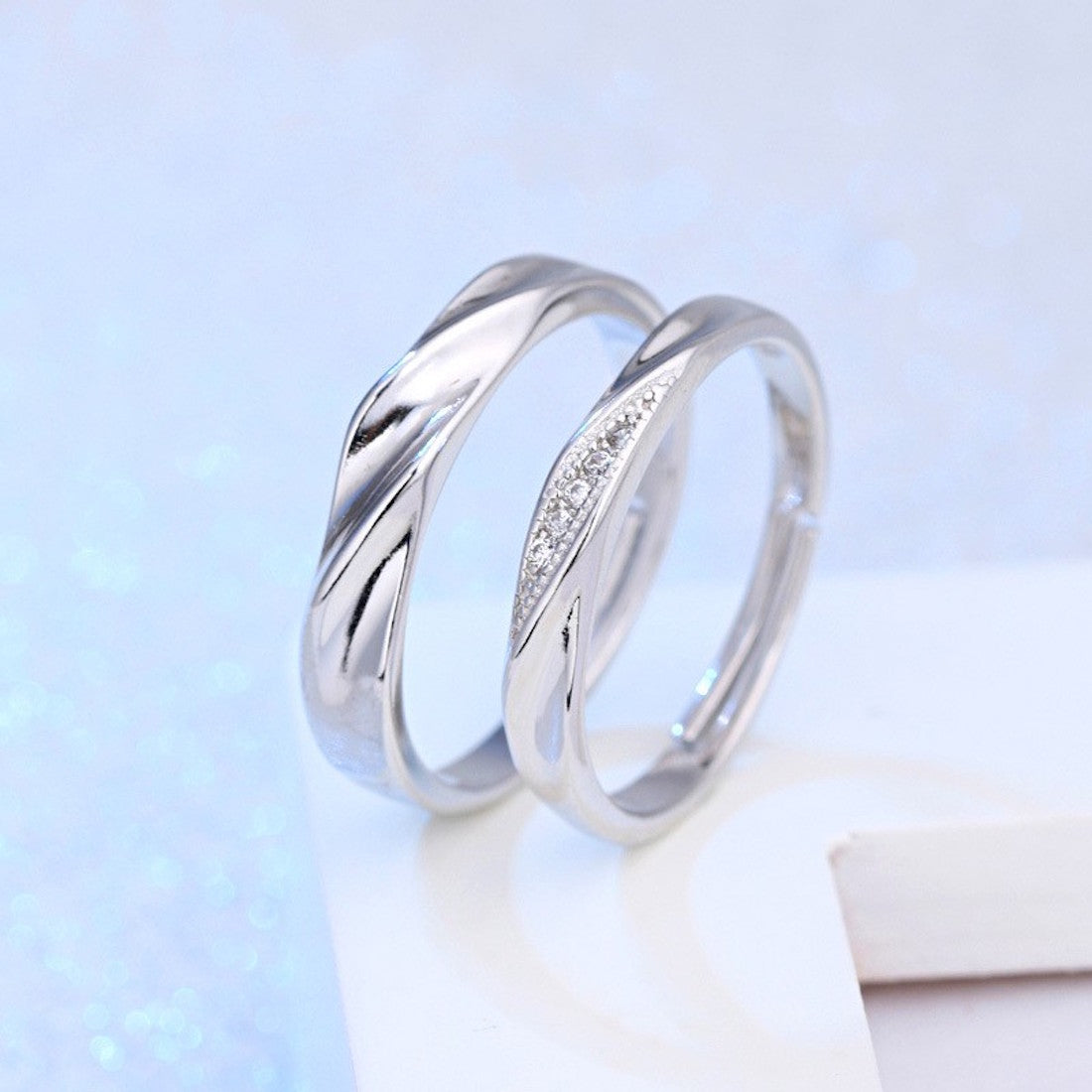 925 Sterling Silver Plated Cubic Zirconia Designer Couple Rings, Adjustable Couple Band, Promise Rings for Lovers, Gift for Men and Women, Valentine's Day Gift
