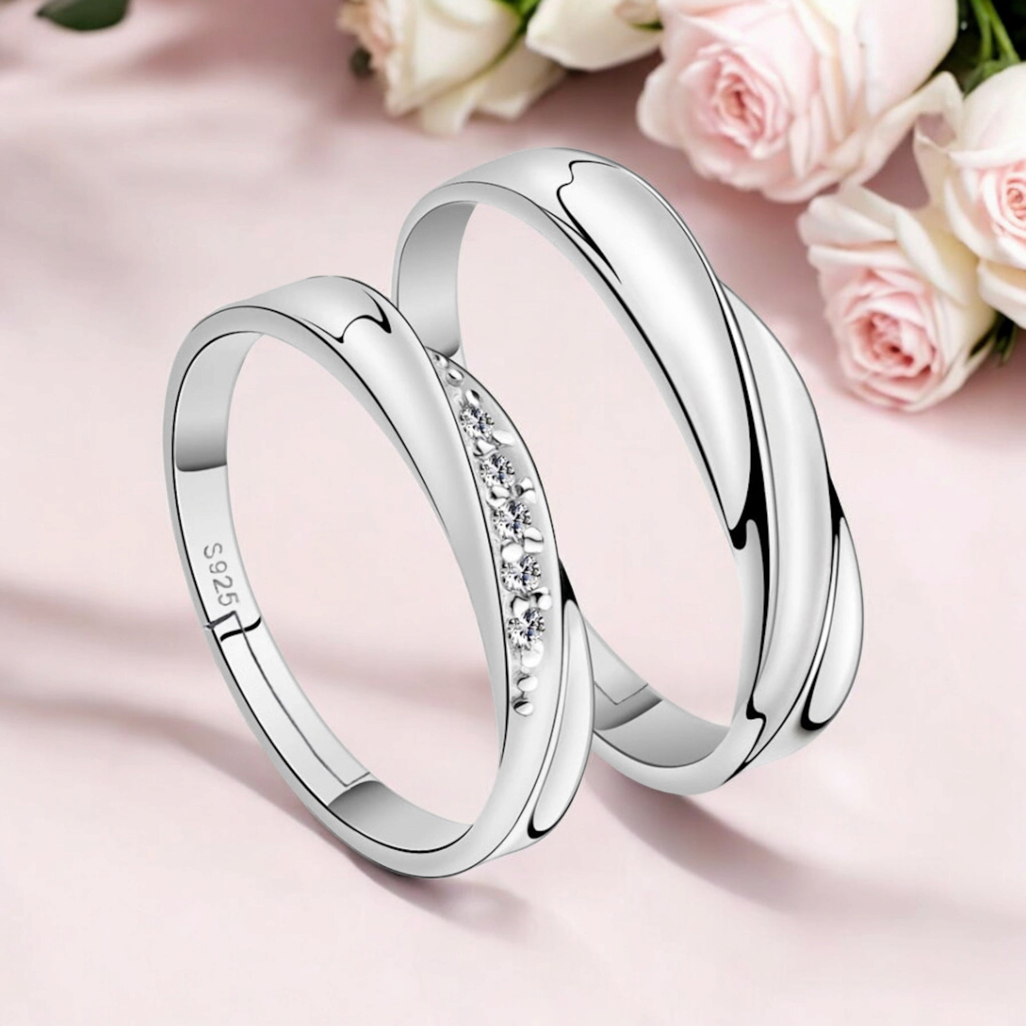 925 Sterling Silver Plated Cubic Zirconia Designer Couple Rings, Adjustable Couple Band, Promise Rings for Lovers, Gift for Men and Women, Valentine's Day Gift