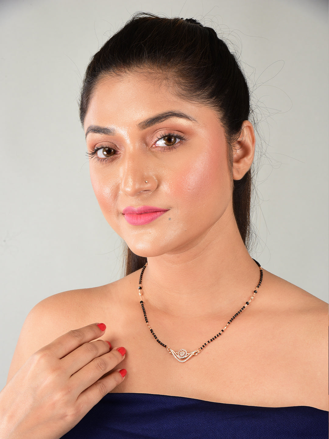 Nilu's Collection Rose Gold Plated CZ Stones  Floral Mangalsutra With  Black Beads For Women