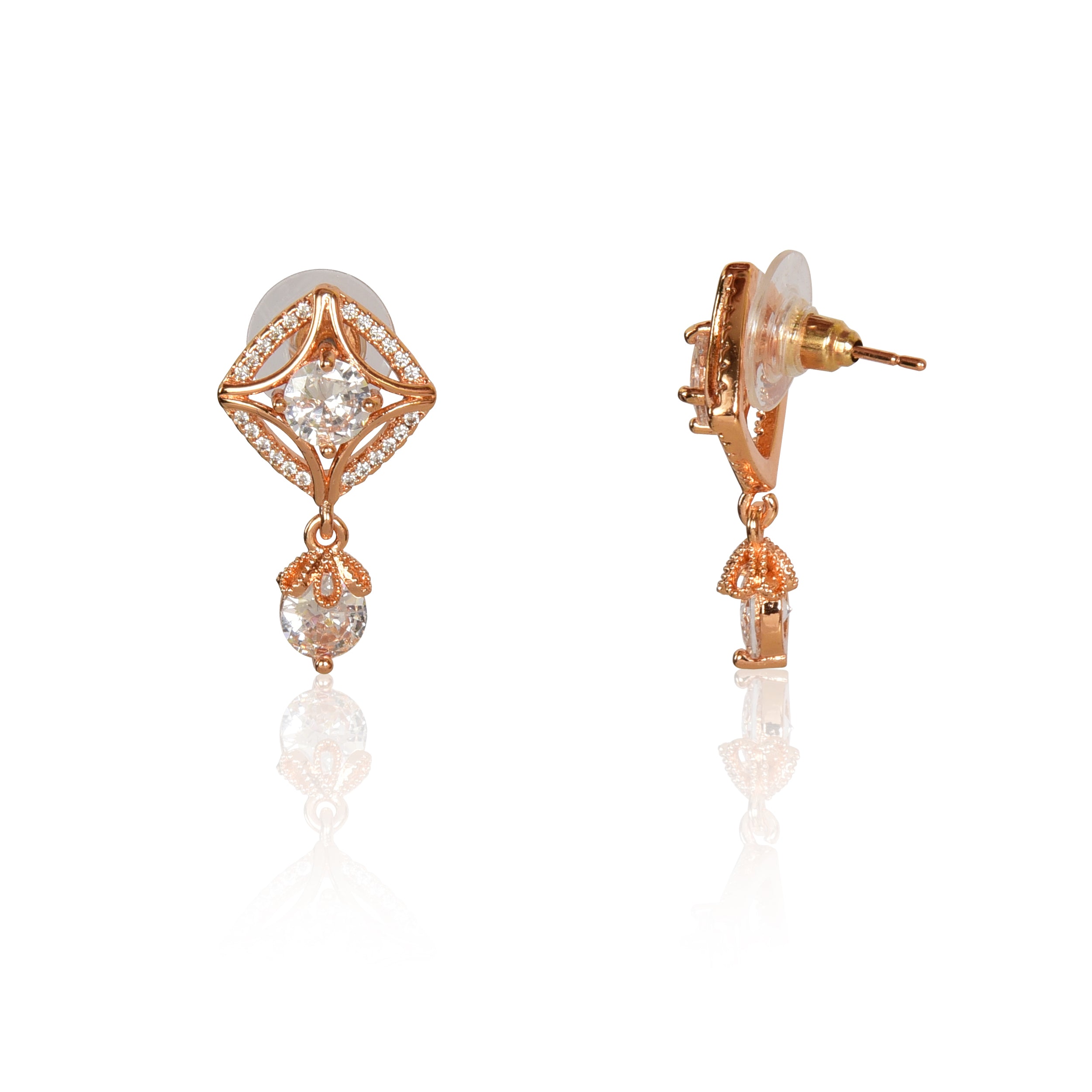 18k Rose Gold Plated American Diamond Stone Drop Earrings, Stylish Women & Girls Earrings