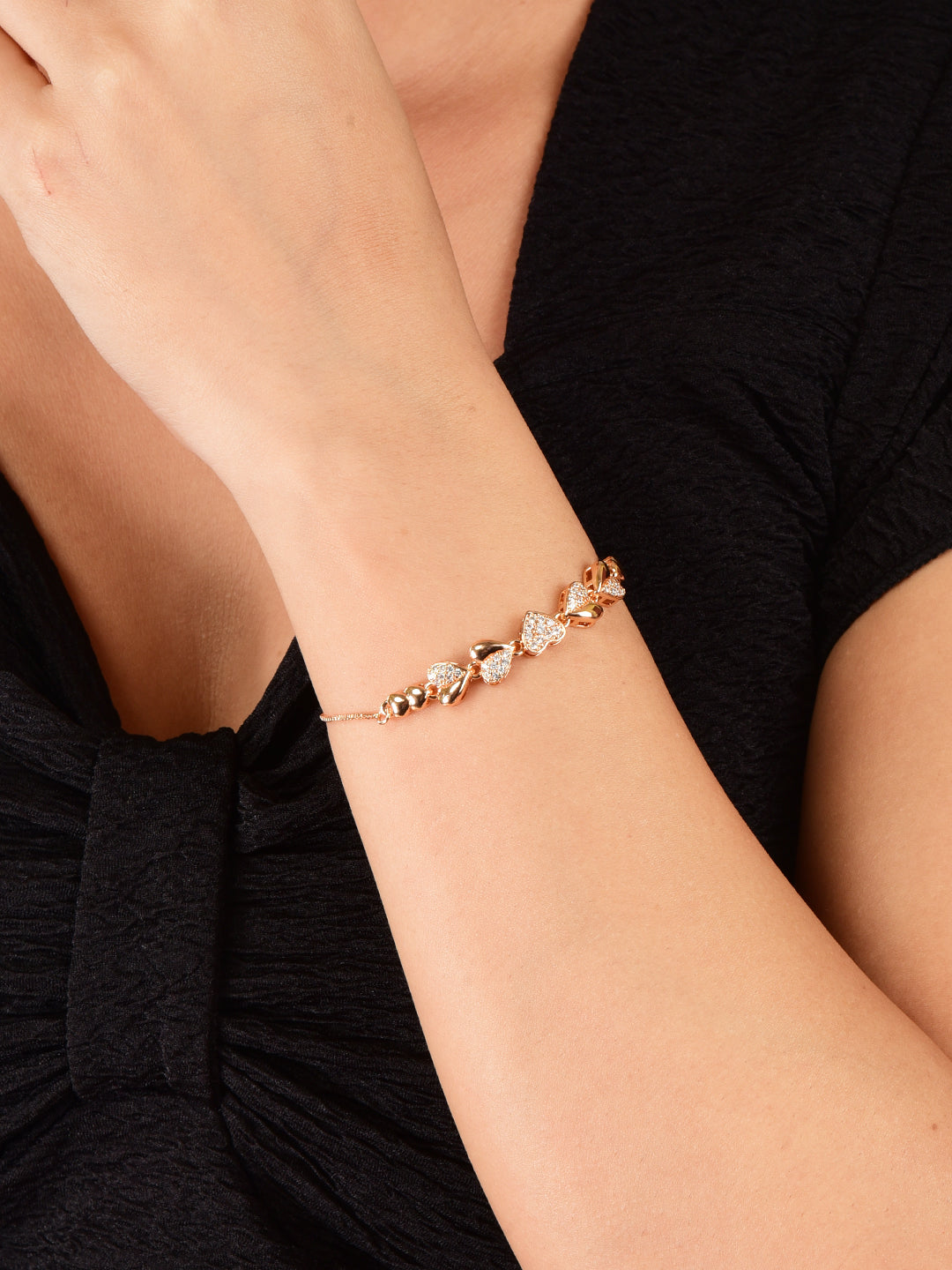 Nilu's Collection Rose Gold Plated Adjustable Heart Bracelet With American Diamond  for Womenand Girls | Anti-Allergy | Anti-Tranish | Office Wear
