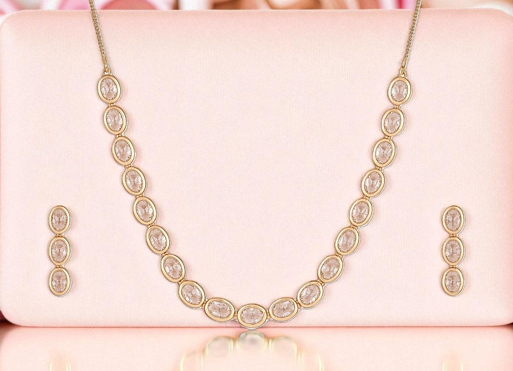 Nilu’s Collection Rose Gold Plated Necklace Set with Matching Earrings | Adjustable Chain | Premium AD Stone Jewelry for Women and Girls