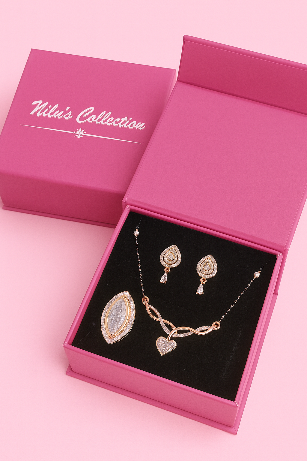 Nilu's Collection Rose Gold Plated American Diamond Mangalsuthra Eith Earrings And Ring For Women