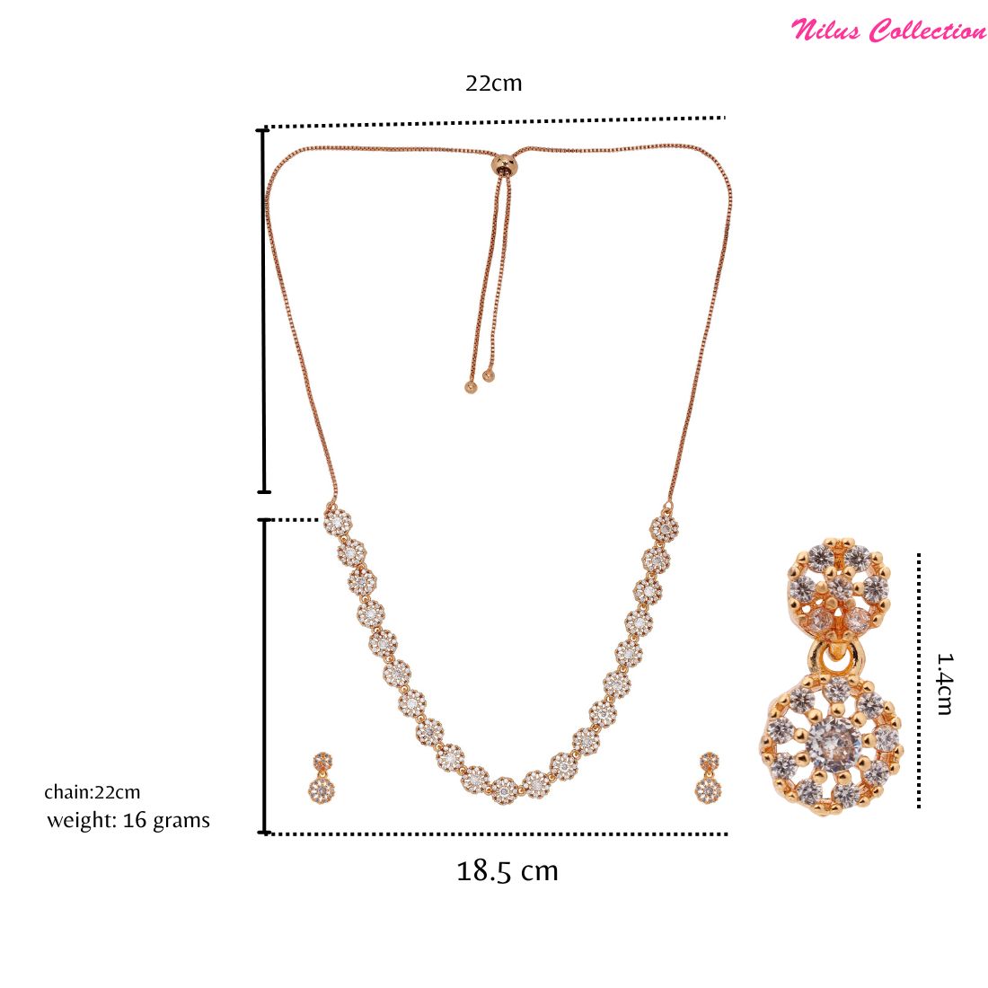 Rose Gold Plated American Diamond Necklace And Pair Of Earrings Jewellery Set for Women | Special Ocassion, Wedding, Engagement, Dating | Anti Tarnish | Anti Allergy | Necklace and Earring Set | Gift for Her