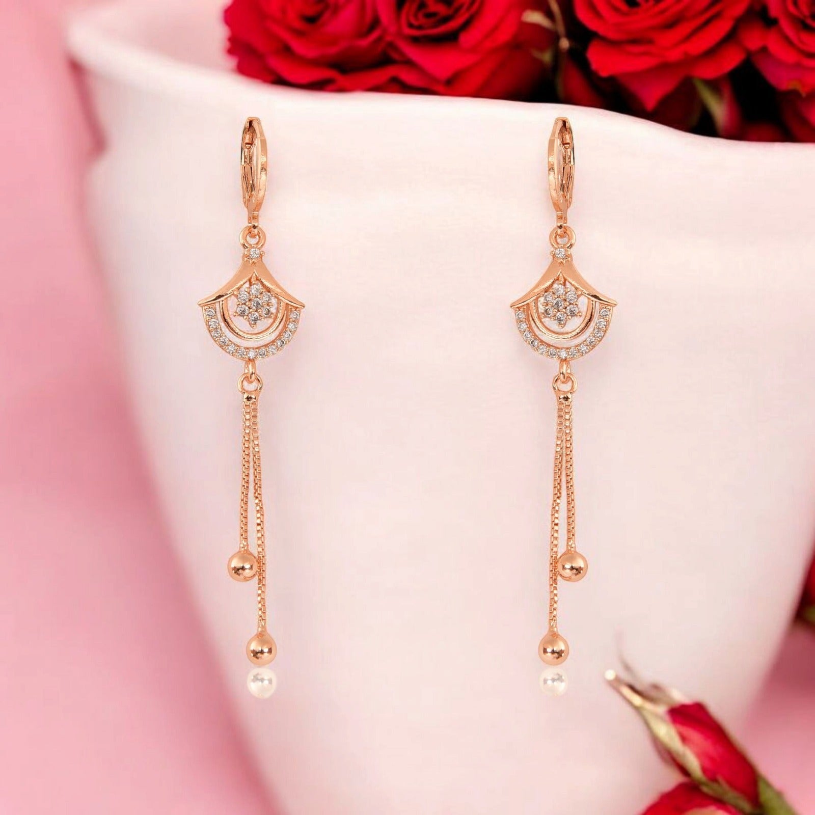 Rose Gold Long Earrings, American Diamond Studded Lightweight Drop Earrings for Women and Girls (rose)