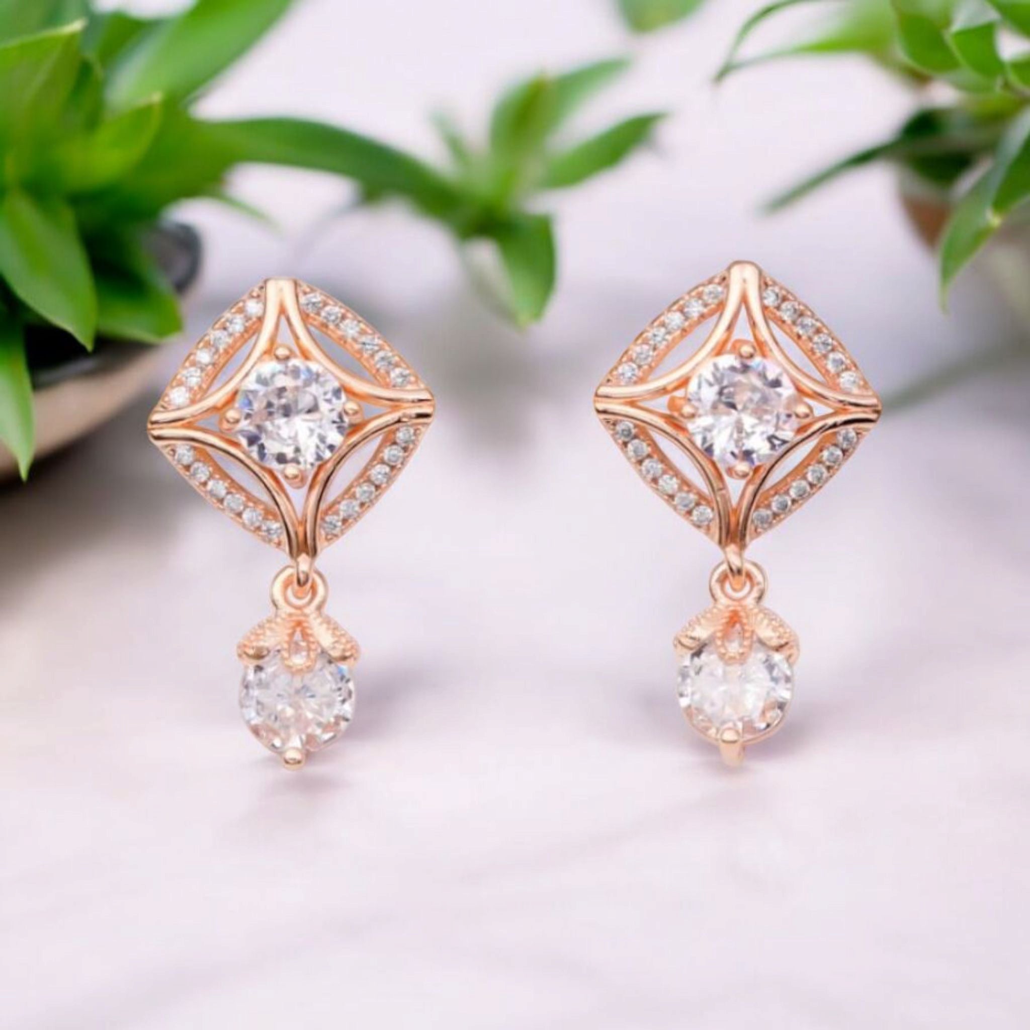18k Rose Gold Plated American Diamond Stone Drop Earrings, Stylish Women & Girls Earrings