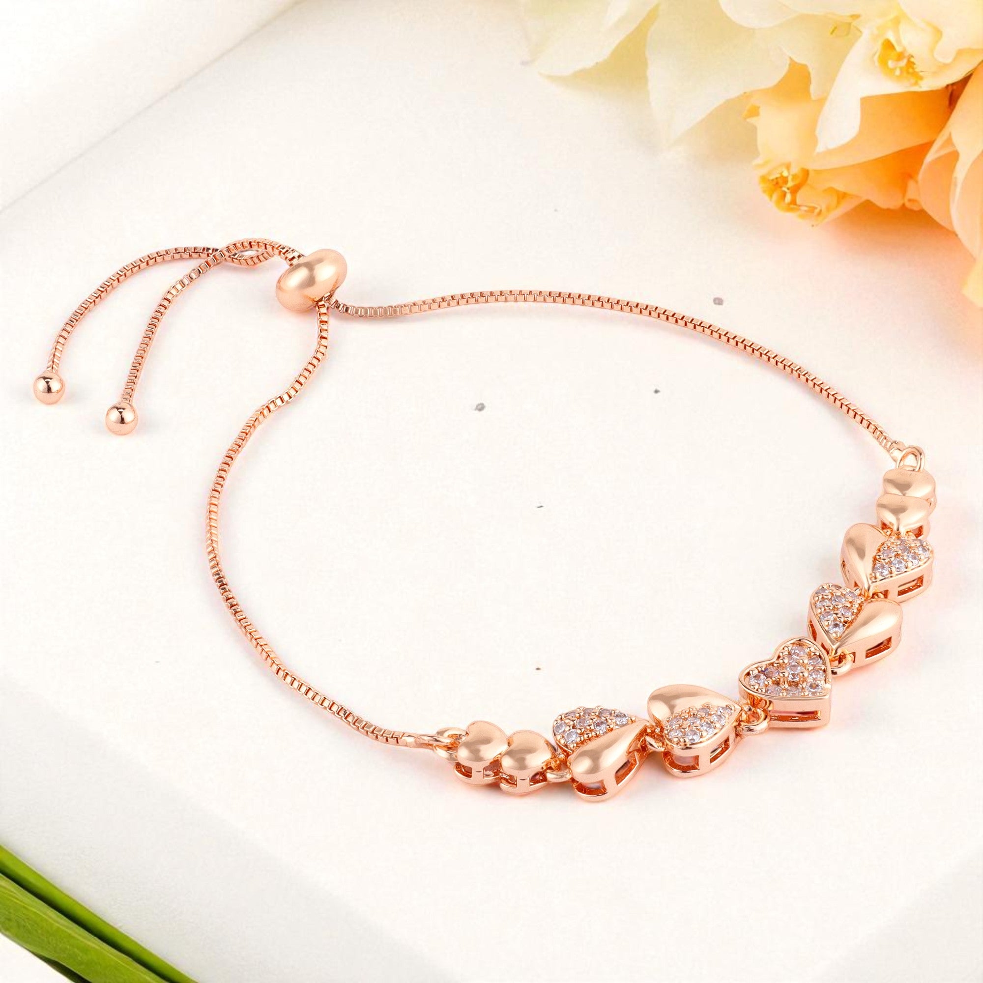 Nilu's Collection Rose Gold Plated Adjustable Heart Bracelet With American Diamond  for Womenand Girls | Anti-Allergy | Anti-Tranish | Office Wear