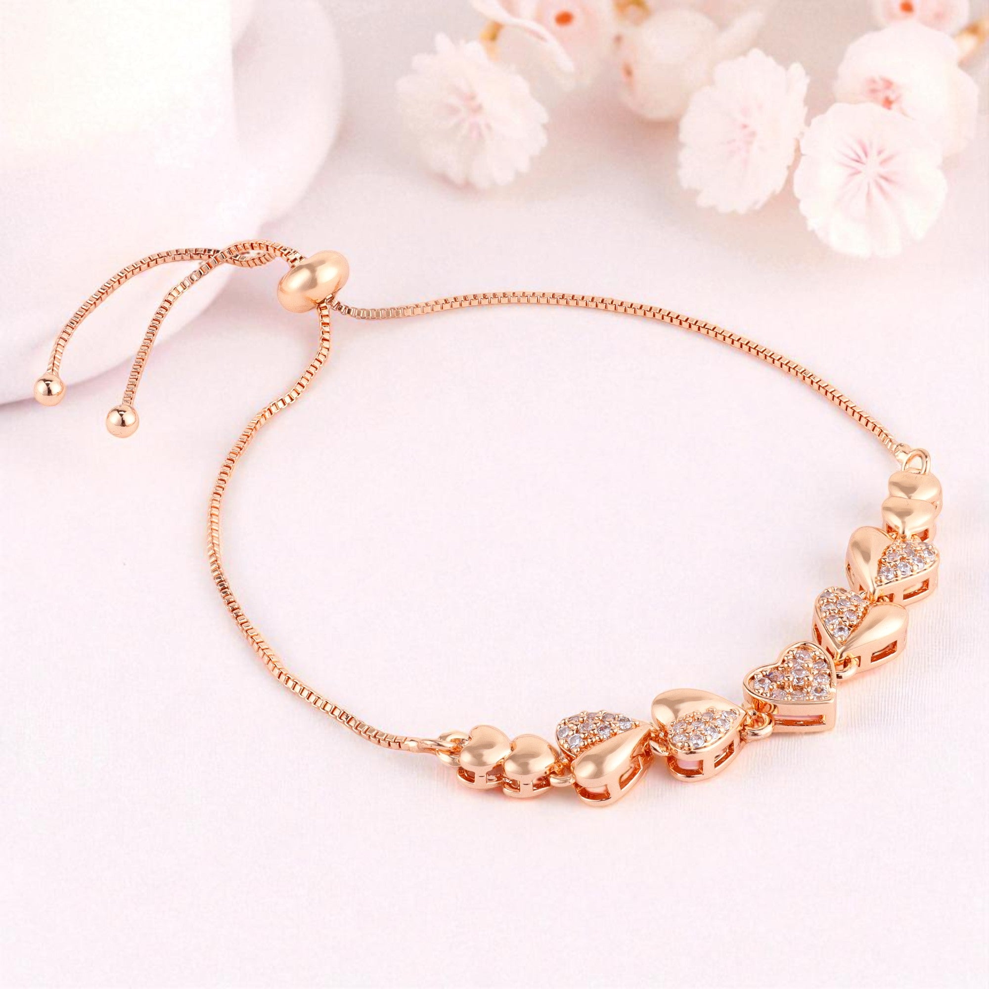 Nilu's Collection Rose Gold Plated Adjustable Heart Bracelet With American Diamond  for Womenand Girls | Anti-Allergy | Anti-Tranish | Office Wear