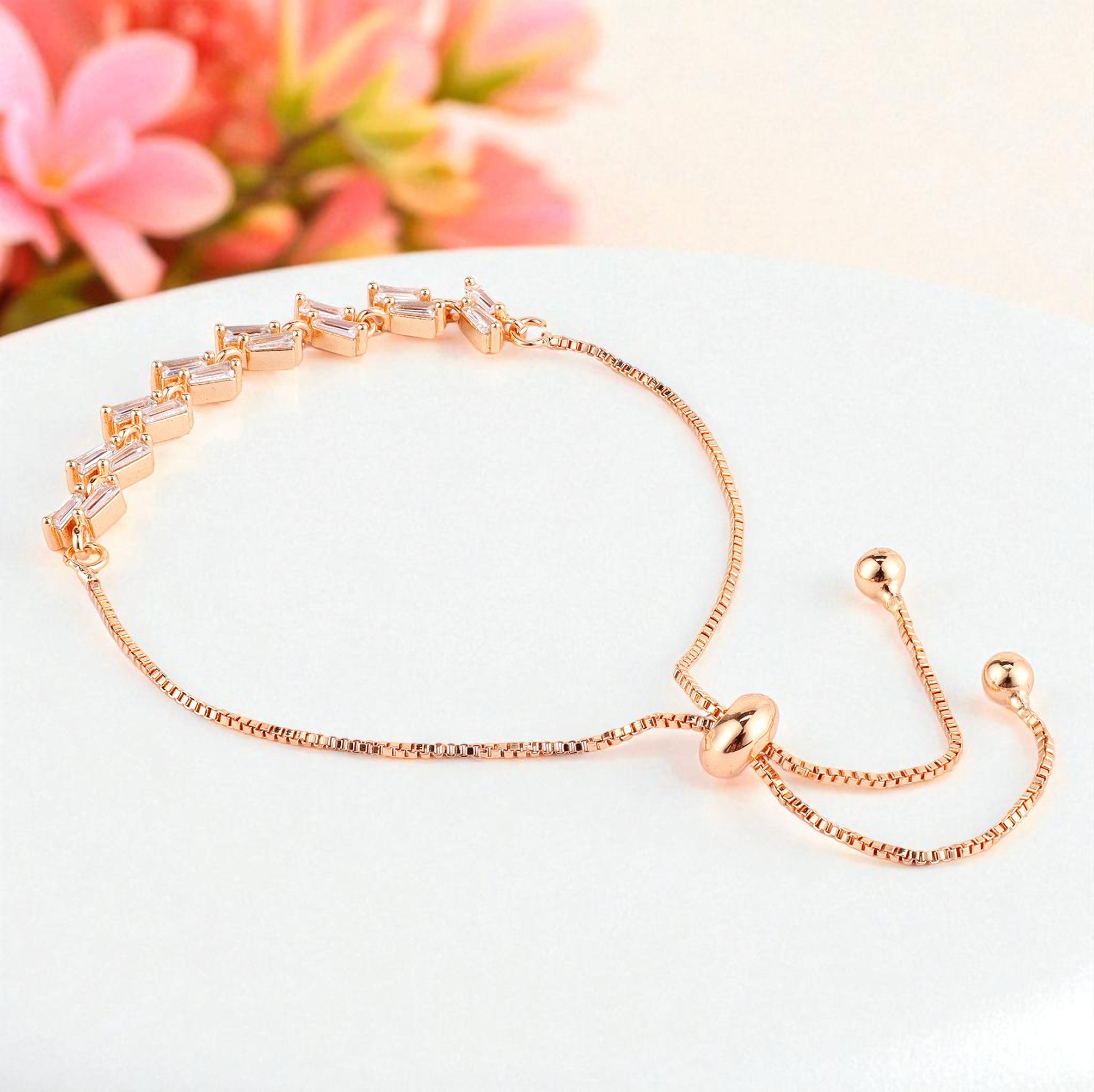 Nilu's Collection Rose Gold Plated Adjustable Bracelet With American Diamond For Women And Girls | Anti-Tranish | Anti-Allergy | Office Wear