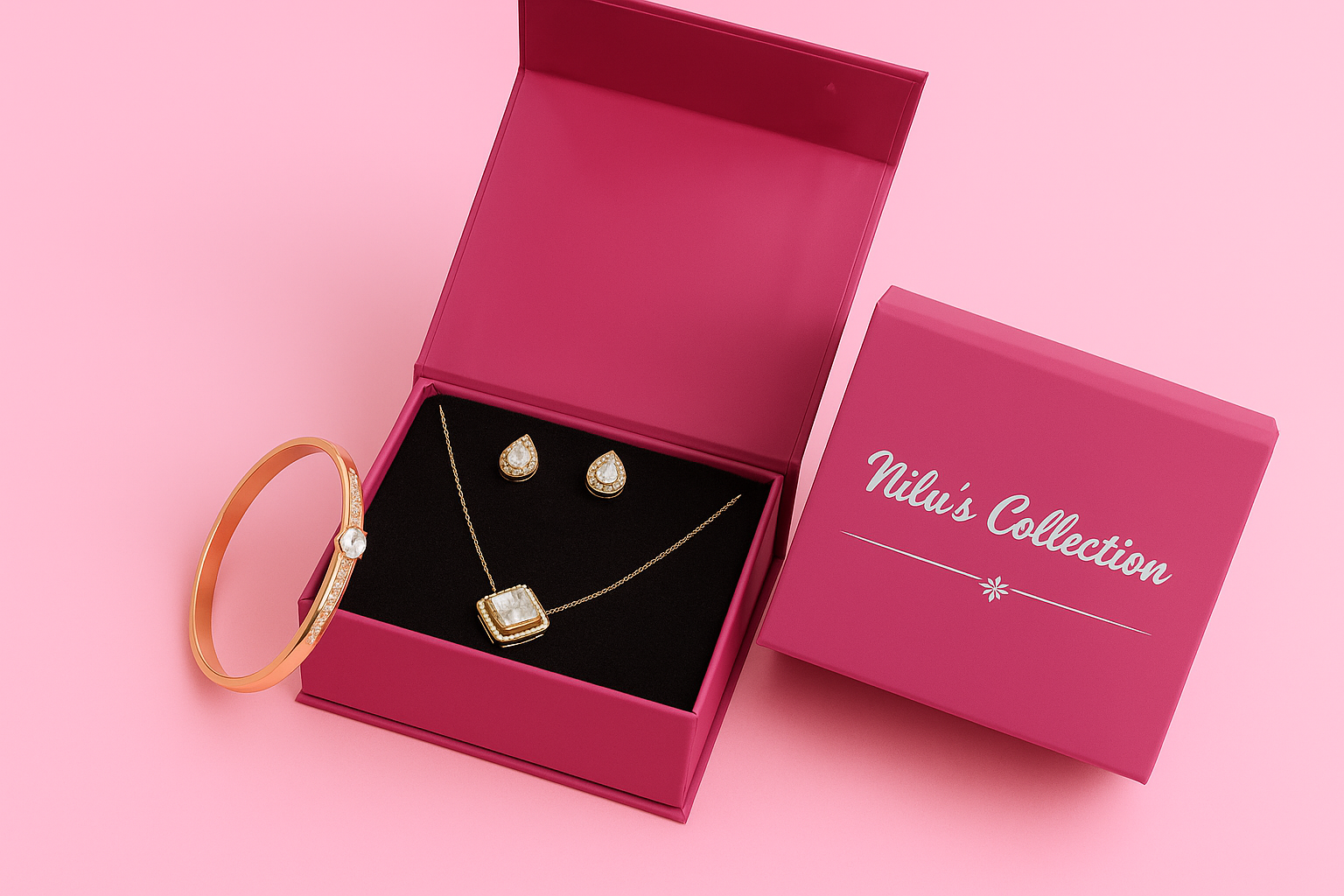 Nilu's Collection Rose Gold Plated Pendant With Earrings And Kada bracelet With American Diamond For Women And Girls