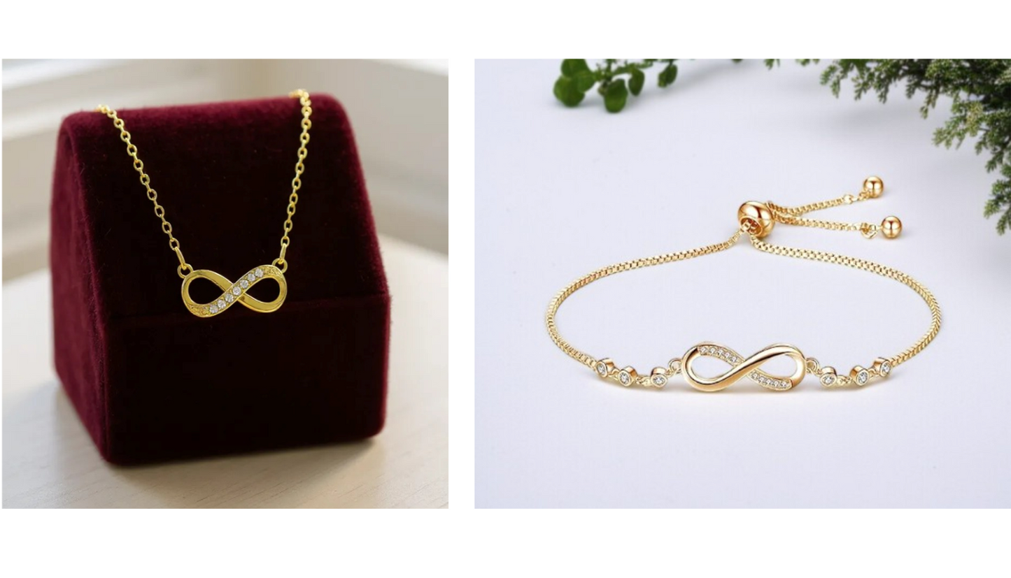 Nilu's Collection Gold Plated Infinity Pendant Necklace & Adjustable Bracelet Set with American Diamond for Women & Girls | Anti-Allergy | Anti- Tarnish | Office Wear