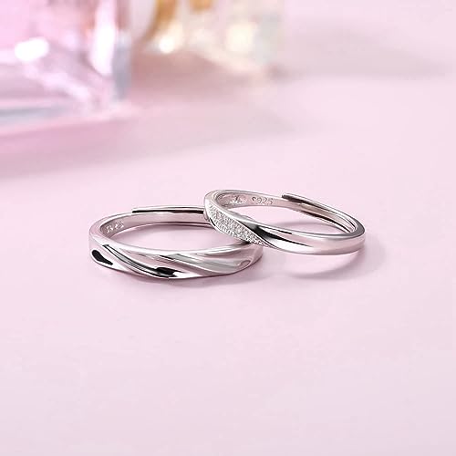 925 Sterling Silver Plated Cubic Zirconia Designer Couple Rings, Adjustable Couple Band, Promise Rings for Lovers, Gift for Men and Women, Valentine's Day Gift