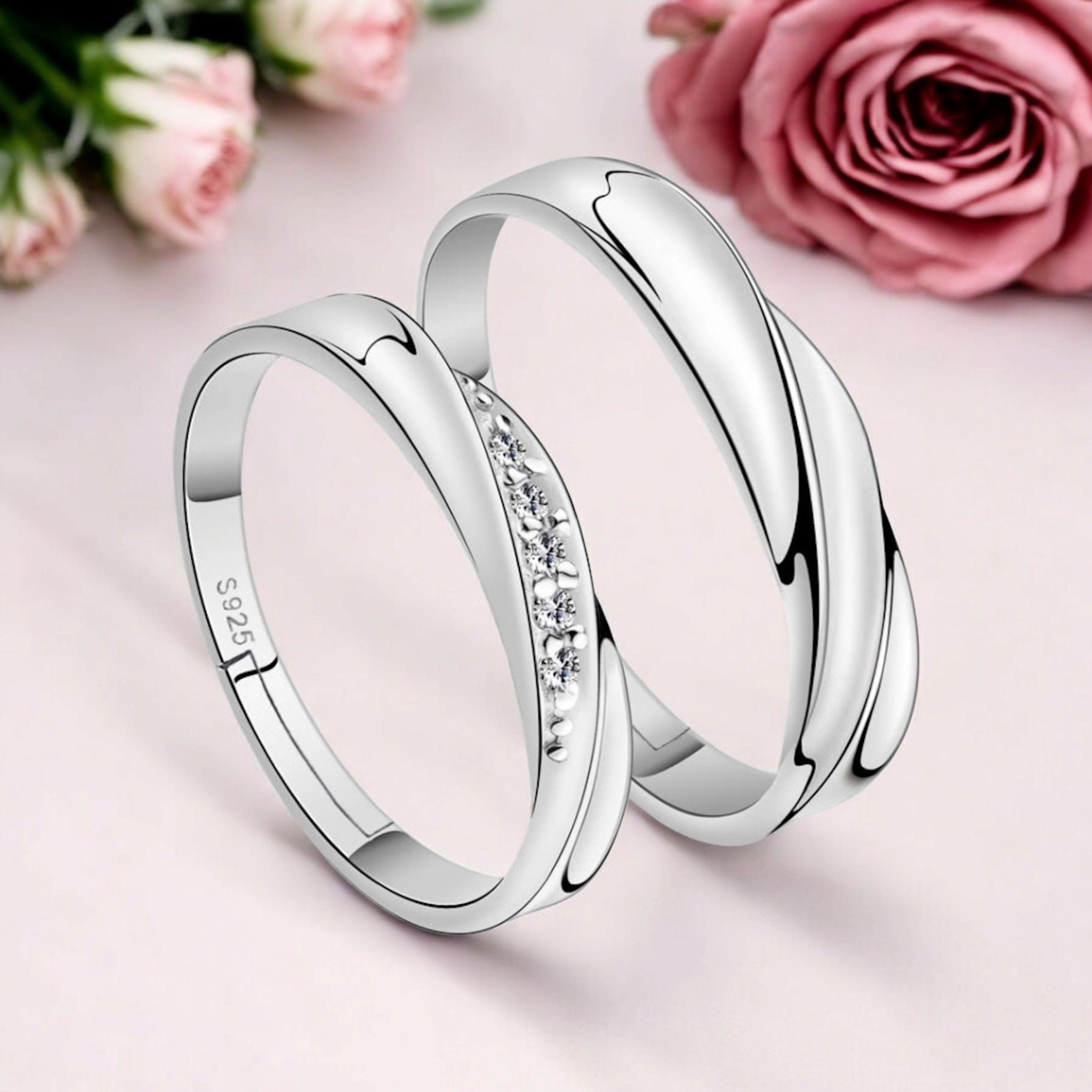 925 Sterling Silver Plated Cubic Zirconia Designer Couple Rings, Adjustable Couple Band, Promise Rings for Lovers, Gift for Men and Women, Valentine's Day Gift