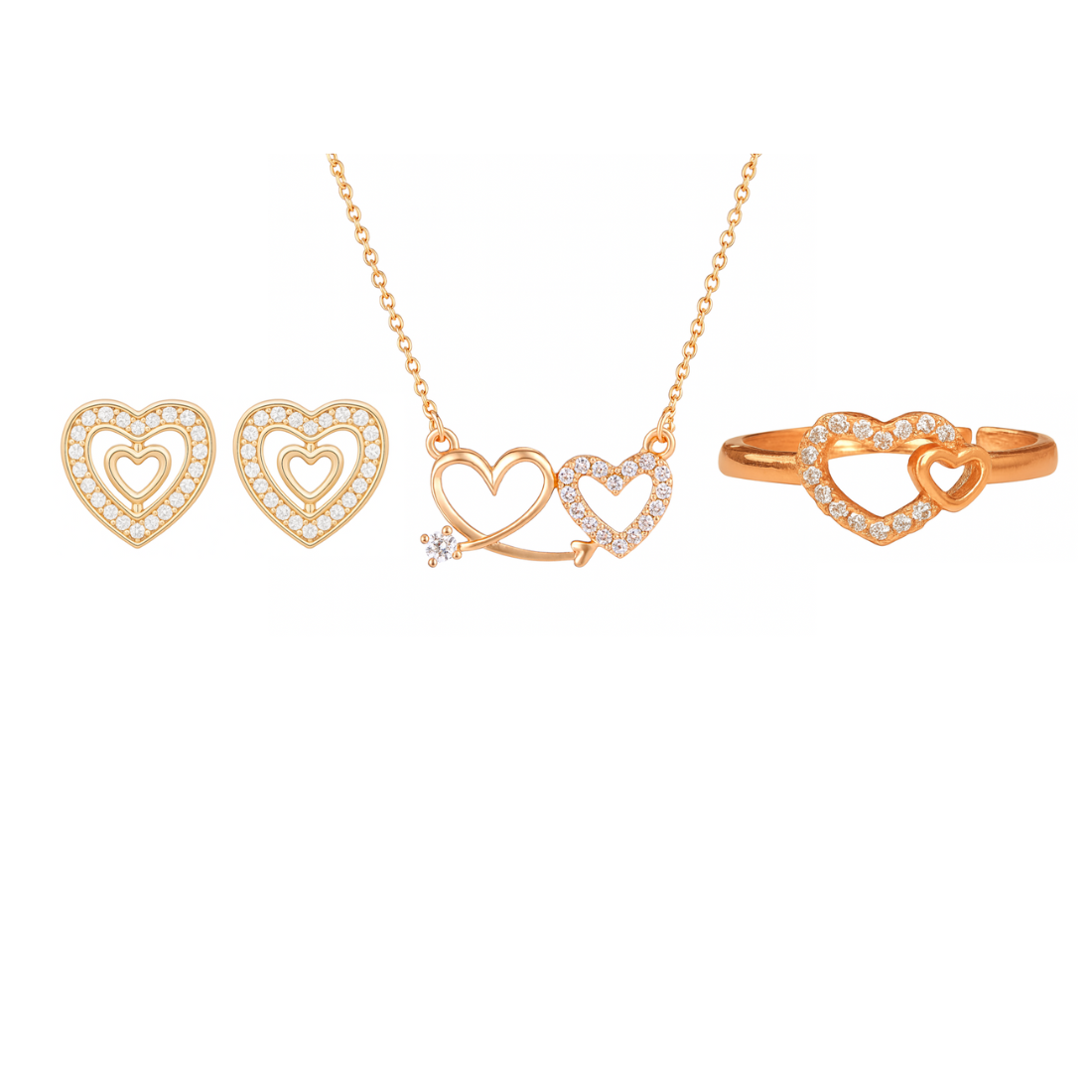 Nilu's Collection Rose Gold Platedc Heart Jewellery Set For Women And Girls | Pendant | Earrings | Ring