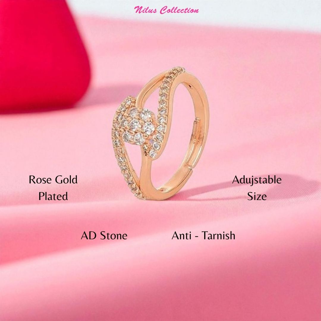 Rose Gold Plated | American Diamond Studded | Adjustable | Finger Ring for Women and Girls