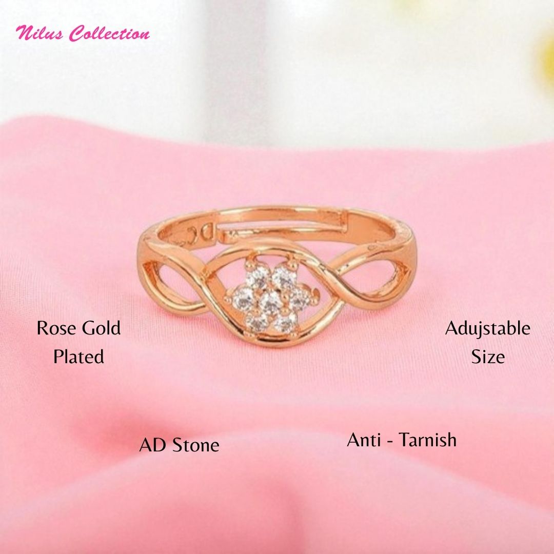 Rose Gold Plated | American Diamond Studded | Adjustable | Finger Ring for Women and Girls, Style 3