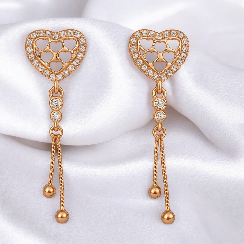Rose Gold Plated Heart Design Dangling Earrings with American Diamond Stones For Women And Girls