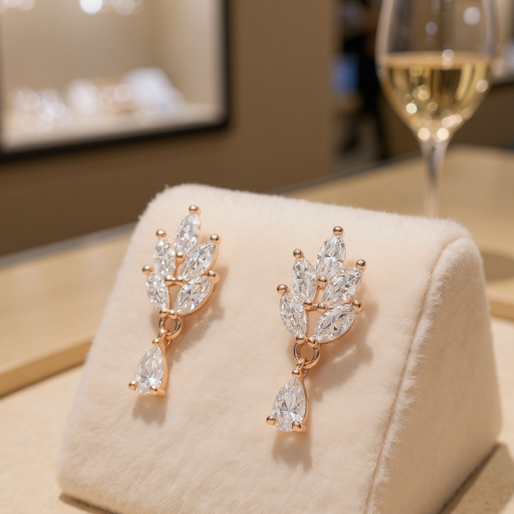 Nilu's Collection Rose Gold Plated Leaf Drop Earrings with American Diamond Stones For Women and Girls | Anti-Tarnish | Lightweight & stylish