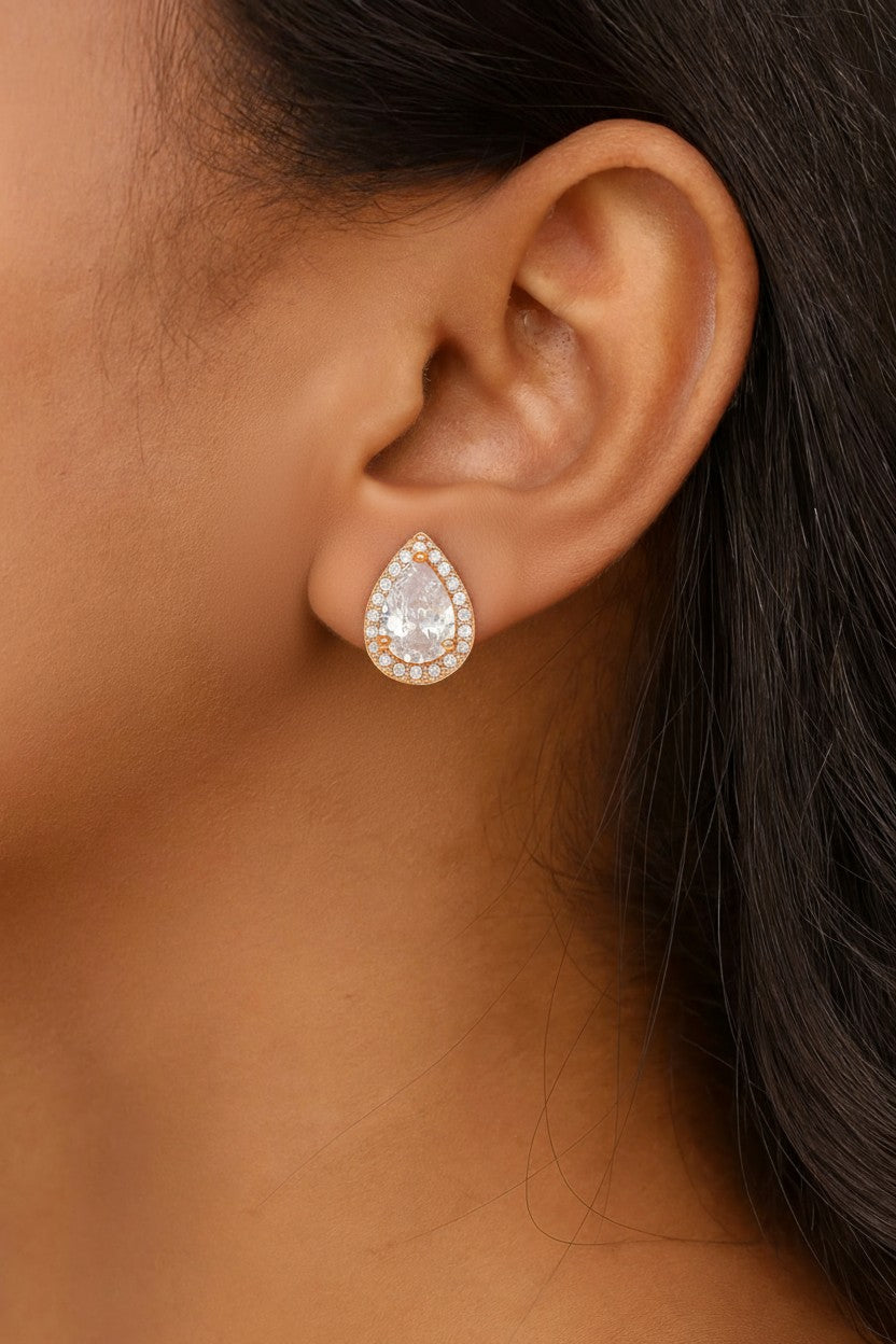 Nilu's Collection Rose Gold Plated Teardrop Stud Earrings with Sparkling AD Stones For Women And GIrls | Anti-Tranish| Anti-Allergy | Office Wear