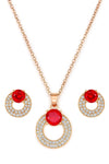 Rose Gold Plated Red Ruby Stone Pendant Necklace and Earring Set for Women and Girls