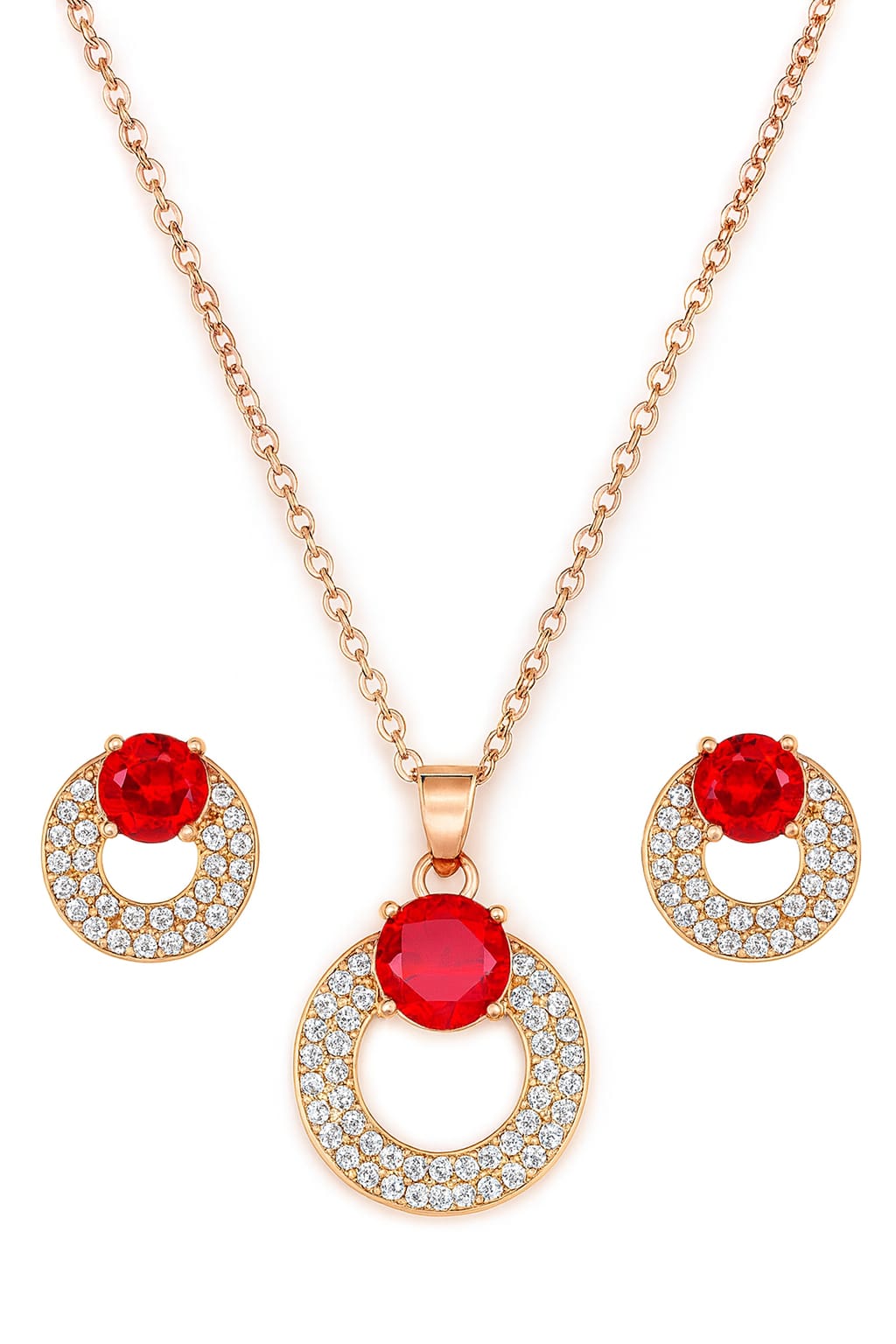 Rose Gold Plated Red Ruby Stone Pendant Necklace and Earring Set for Women and Girls