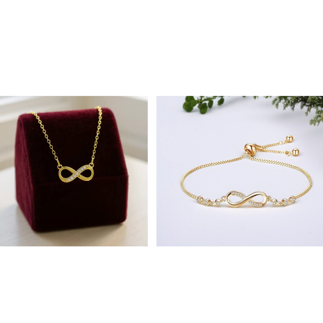 Nilu's Collection Gold Plated Infinity Pendant Necklace & Adjustable Bracelet Set with American Diamond for Women & Girls | Anti-Allergy | Anti- Tarnish | Office Wear